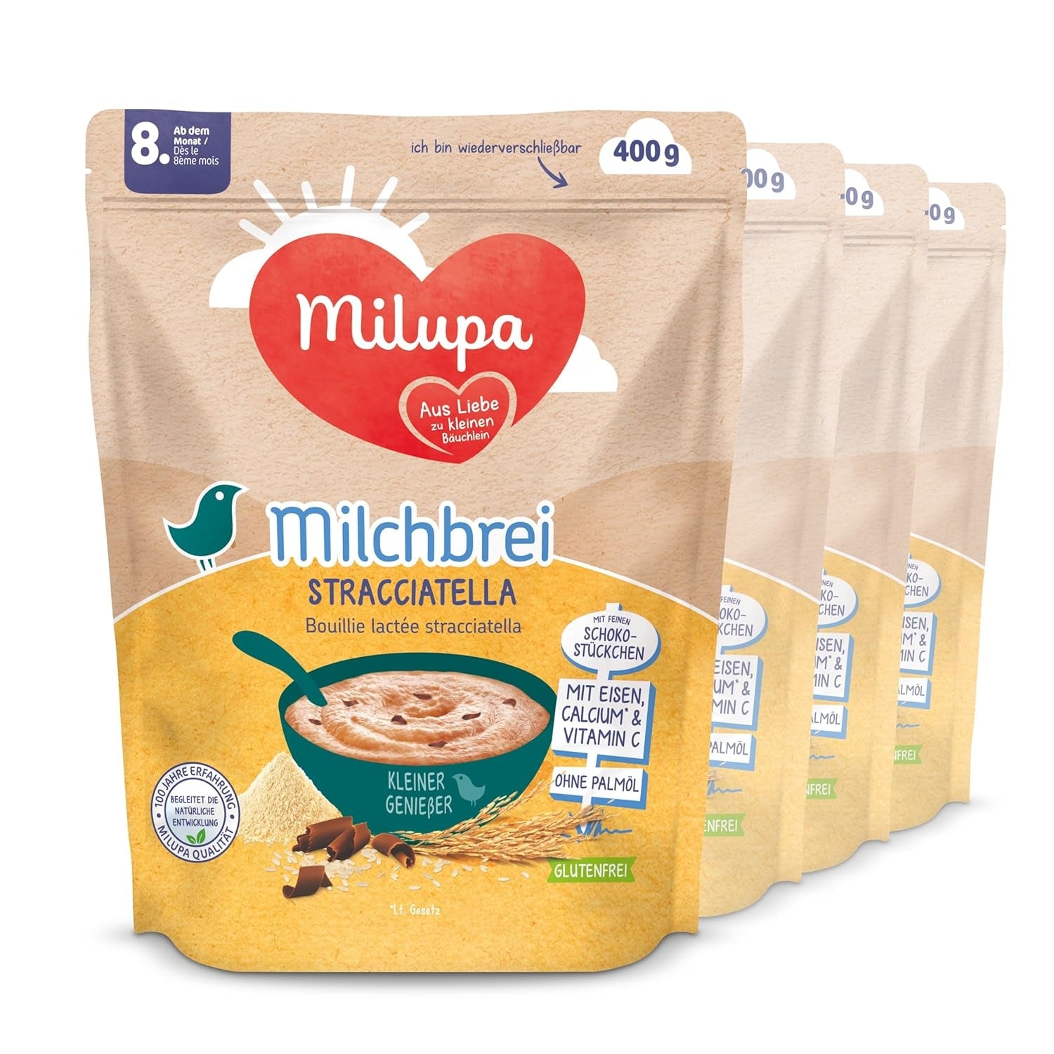 Milupa Stracciatella Mjölkgröt - Glutenfri, palmoljefri babyflingor - Fri från konserveringsmedel och färgämnen - Från 8 månader - 4 x 400 g