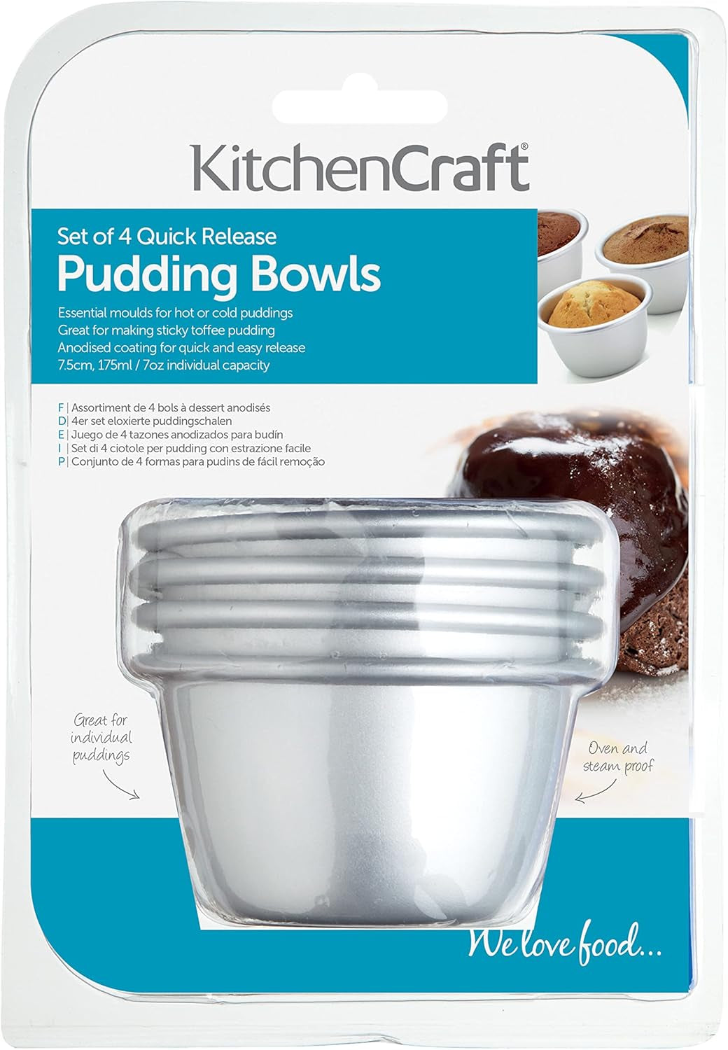 Kitchencraft Mini Pudding Formar Anodiserad aluminium 7,5 cm Set med 4 Silver Bakformar & Brickor Naty Shop