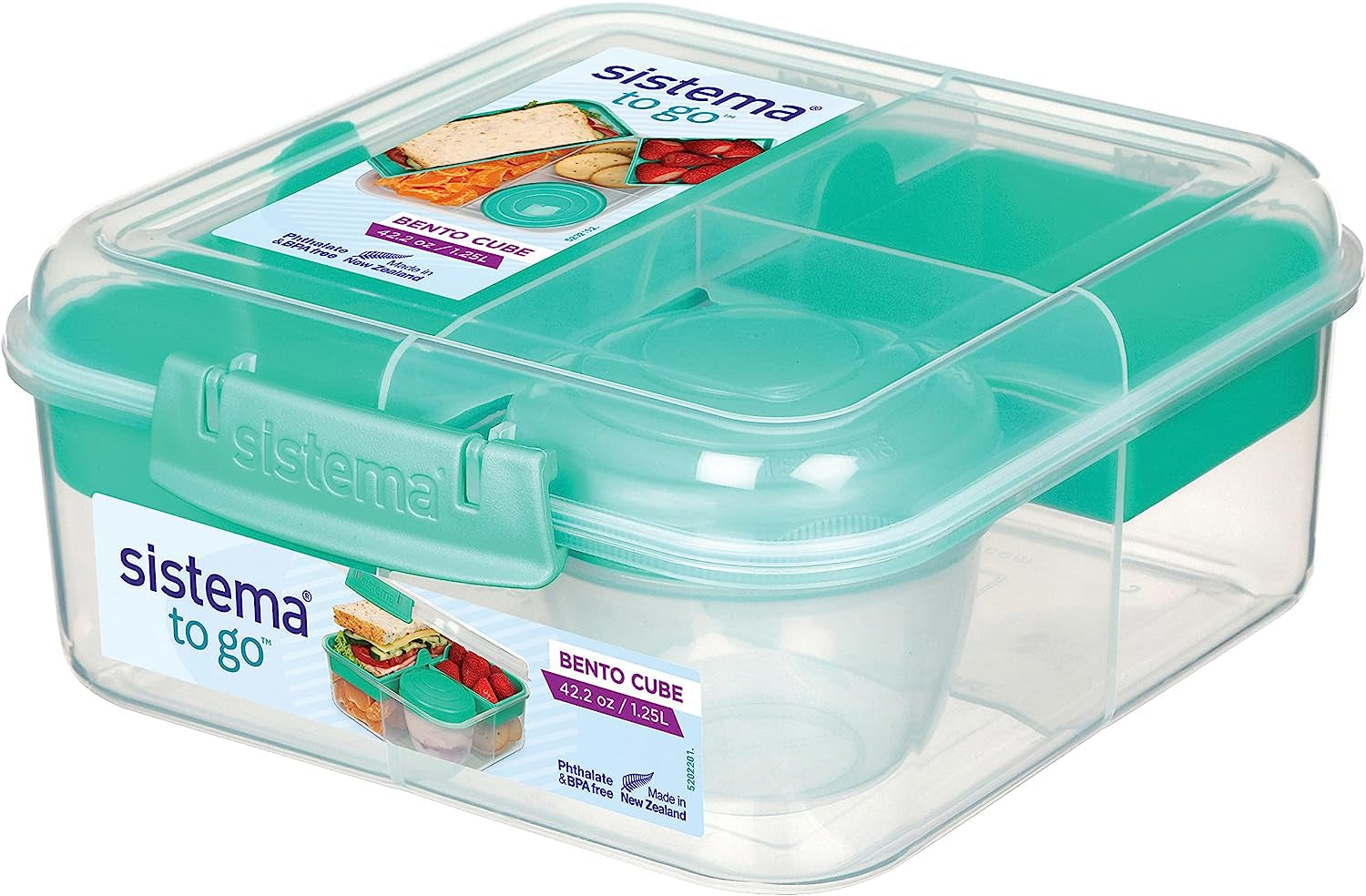 Bento Box TO GO matlådesystem med fack | 1,25 L matlåda med yoghurt/fruktbehållare | för barn och vuxna l | BPA-fri Minty Teal [21685-8T], mintgrön Matförvaringslådor Naty Shop Mintgrön 1,25 L