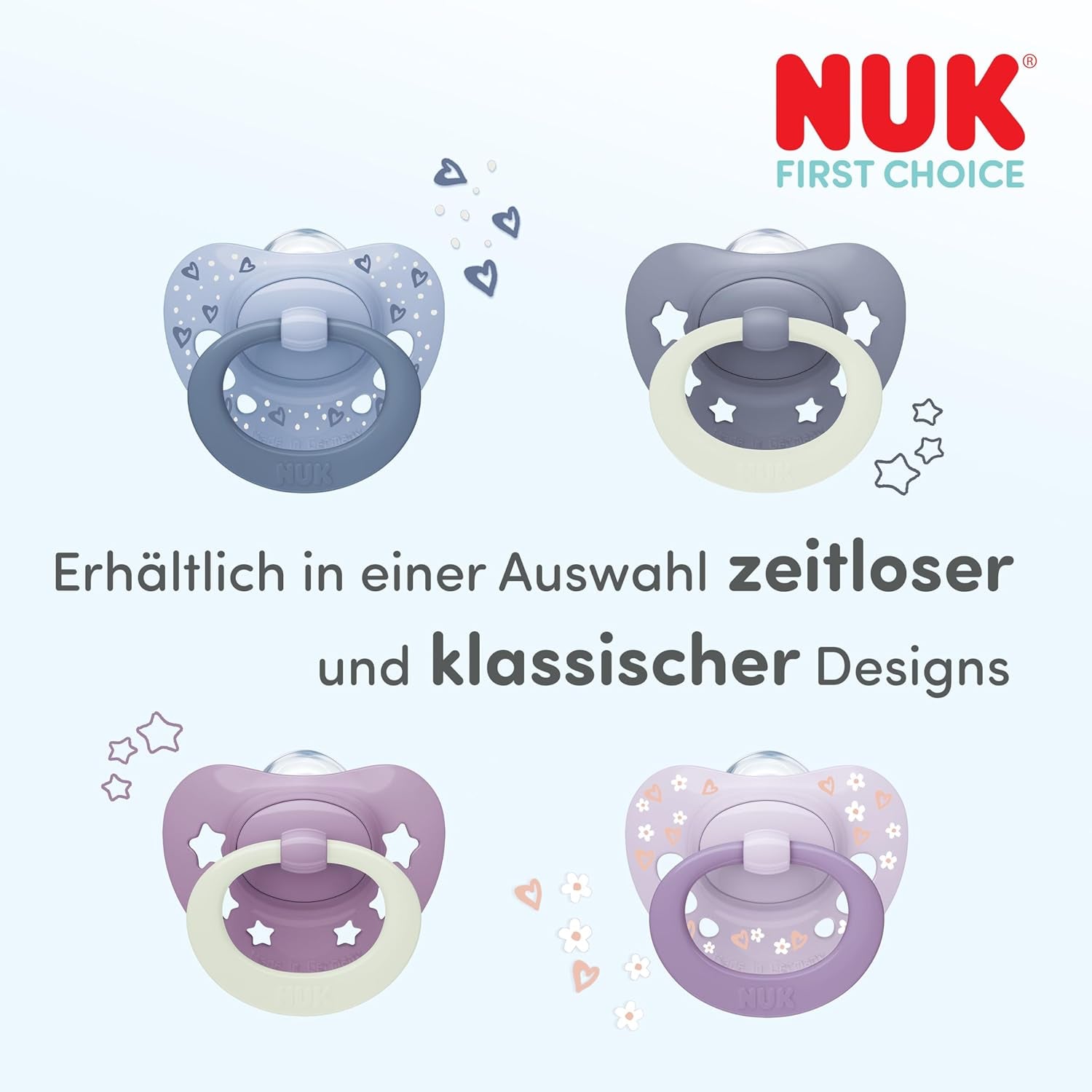 NUK First Choice klassiska dag- och nattnappar för bebisar | 6-18 månader | Ortodontiska nappar som lyser i mörkret | 95 % acceptans av spädbarn** | Blå | Paket om 2