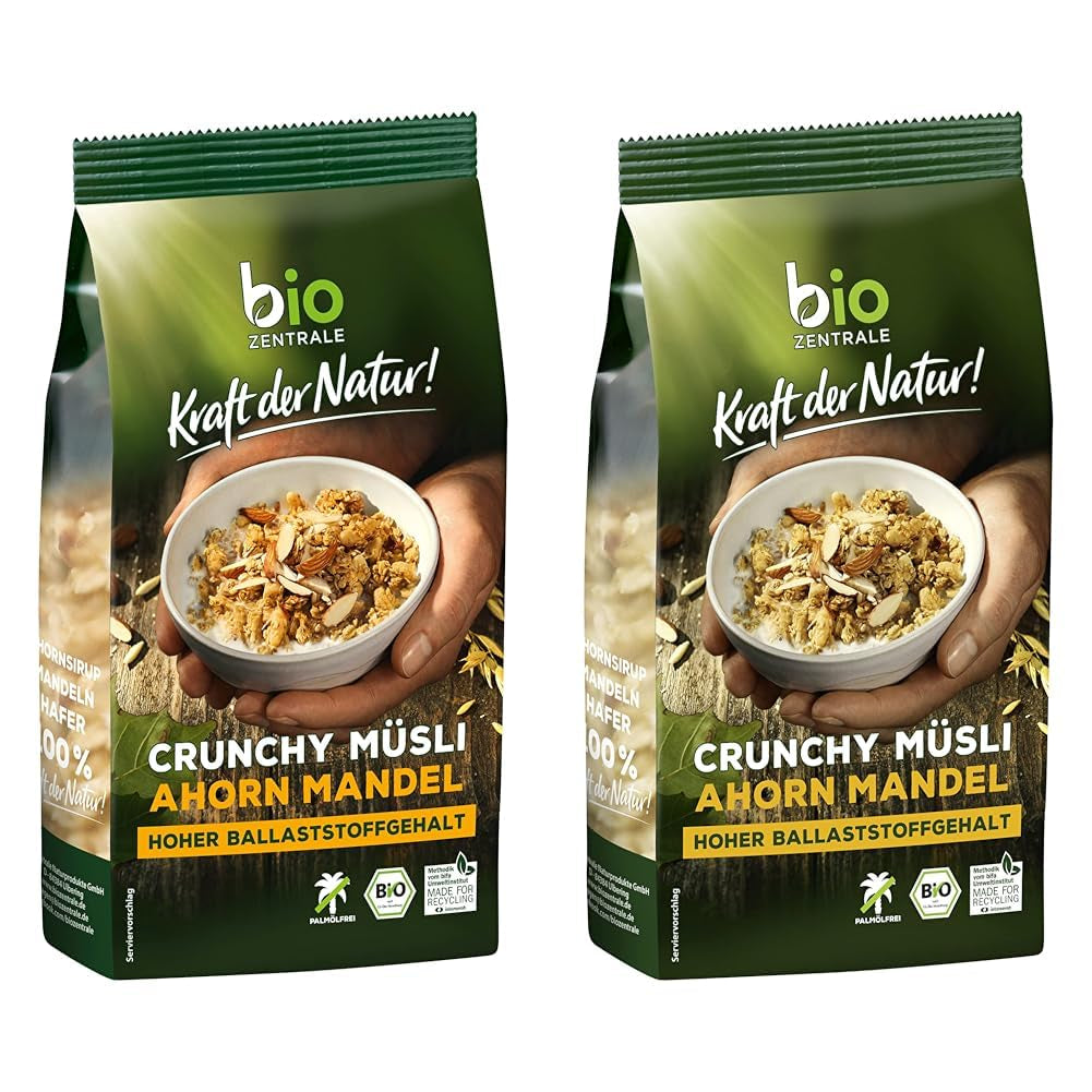 Krispig lönnmandelmüsli | 375 g Ekologisk Crunchy Müsli | Perfekt för frukost och en kopp takeaway-müsli | Vegansk och palmoljefri (paket med 2)