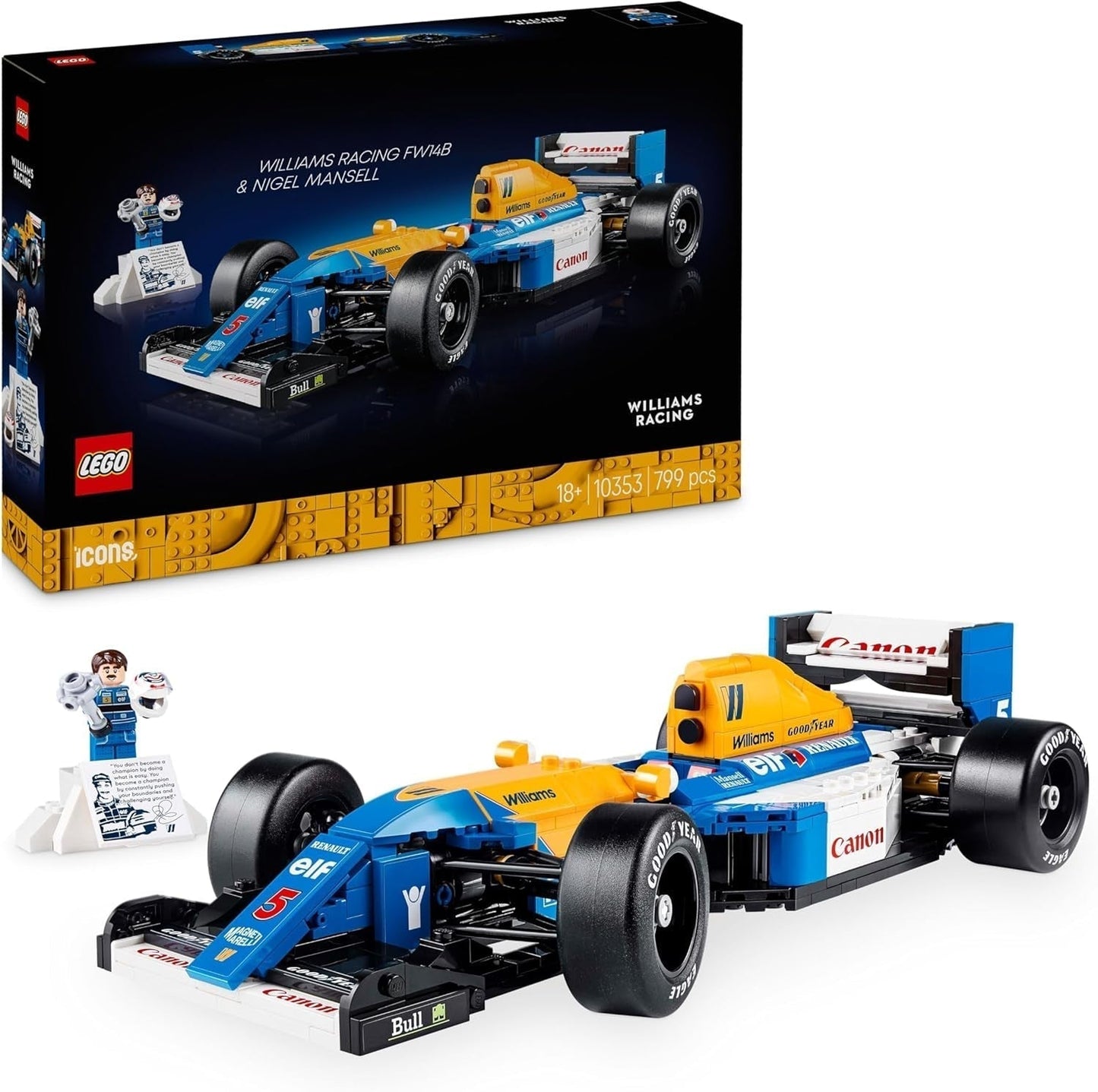 LEGO Icons Williams Racing FW14B med Nigel Mansell - F1 modellbilset med racerförare Minifigurer Samlarobjekt - Skrivbordsdekoration med stativ - Present till vuxna och tonåringar Motorsportfans 10353 Byggset Besuche den LEGO-Store Standardtitel