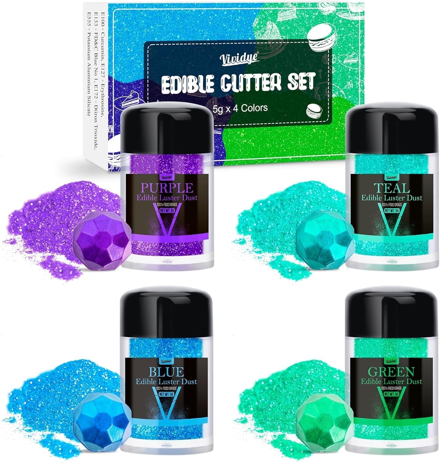 Ätbart glitterglitter - 4 färger ätbart glitterpulver, glitterpulver för drycker, mat, kakor - ätbart metalliskt matfärgningspulver för bakning, cocktails - 5G/flaska