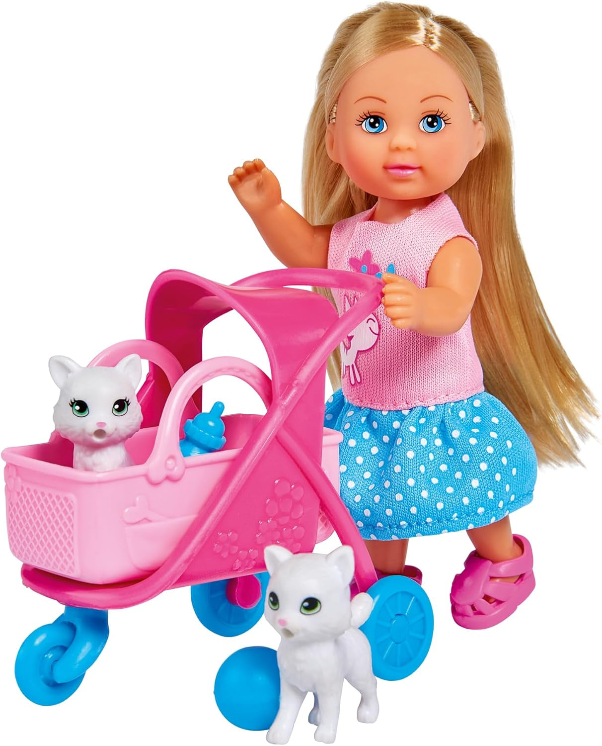 Simba 105733348 - Evi Love Cat-vagn, med två katter i vagnen, avtagbar väska, tillbehör, dress up docka, 12 cm, för barn från 3 år och uppåt