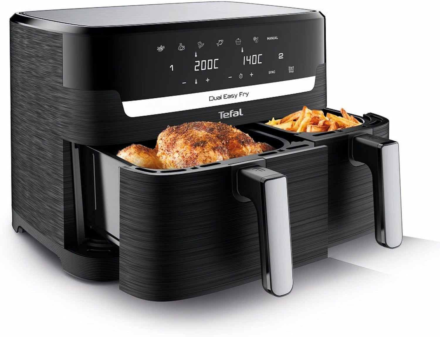Tefal Dual Easy Fry Hot Air Fryer med två kammare, kapacitet 5,2/3,1 liter, två oberoende lådor, 7 program Hushållsapparater Naty Shop Black