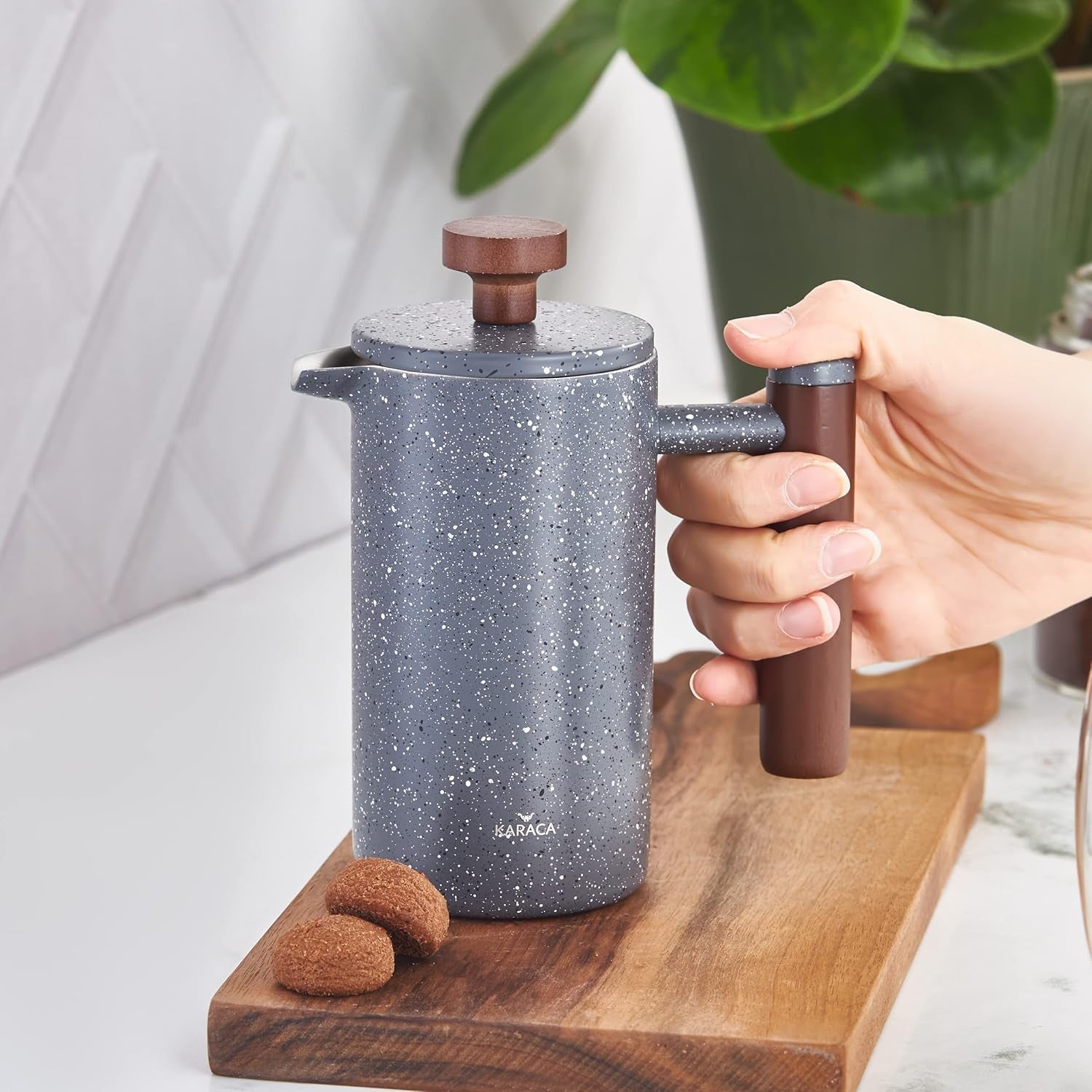 KARACA Marmor dubbelvägg fransk press med kastanjehandtag - isolerad fransk press för kaffe - Hemresor Camping kaffebryggare - 350 ml - mörkgrå