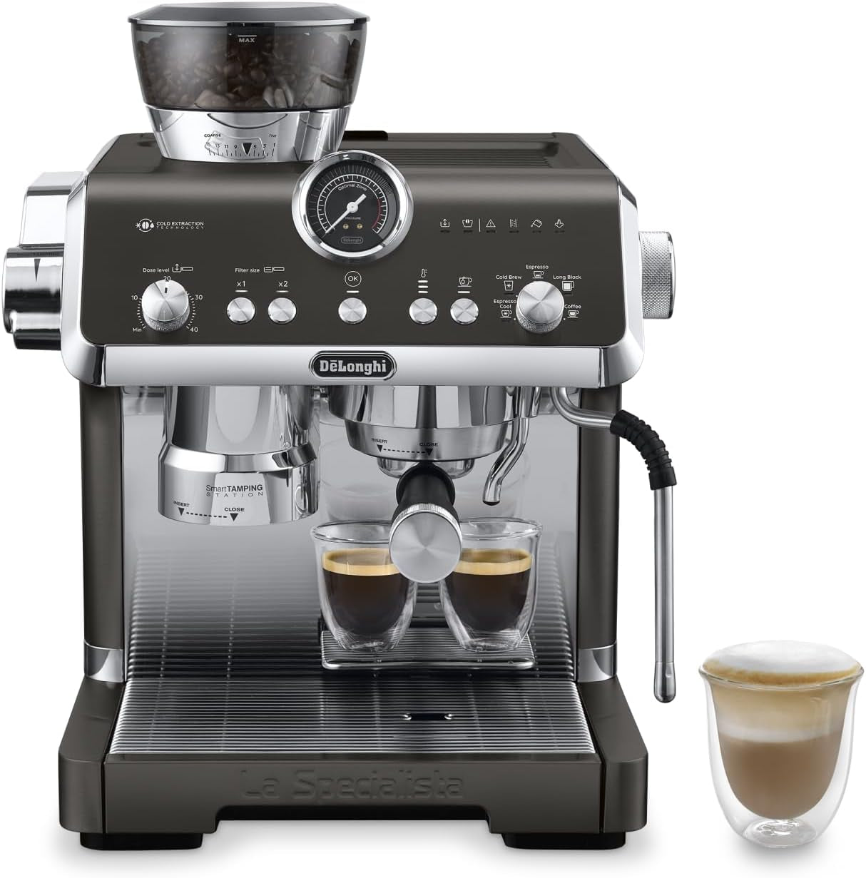 De'Longhi La Specialista Arte EC9155.MB portafilter espressomaskin med kvarn, 8 malinställningar, 15 bar tryck, 3 temperaturinställningar, mjölkskummare, 1550W, 1,7L tank, rostfritt stål/svart, inklusive barista kit
