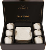 KARACA Nazende Espressokoppset i porslin - 80 ml turkiska kaffekoppar med fat, 12 delar modern kaffeservering med 6 kaffekoppar och 6 fat, mockakoppar - vit