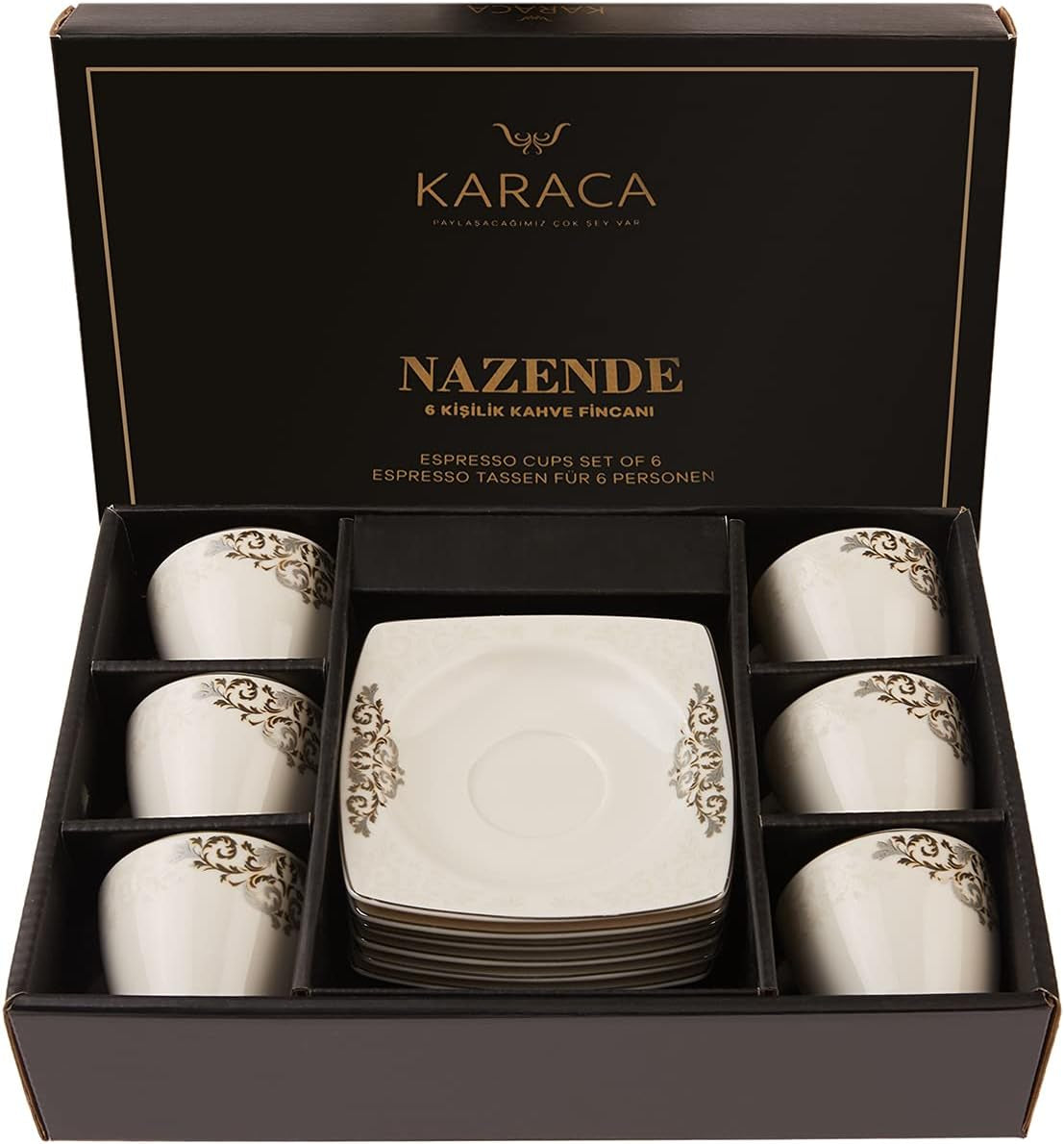 KARACA Nazende Espressokoppset i porslin - 80 ml turkiska kaffekoppar med fat, 12 delar modern kaffeservering med 6 kaffekoppar och 6 fat, mockakoppar - vit