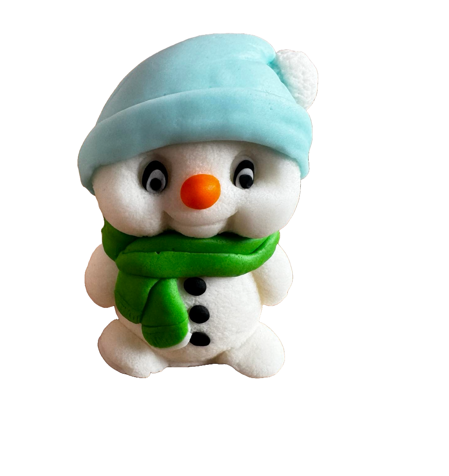 Ätlig dekoration från sugarpaste, snögubbe med grön halsduk och blå mössa Dekorationer från Sugar Paste Naty Shop