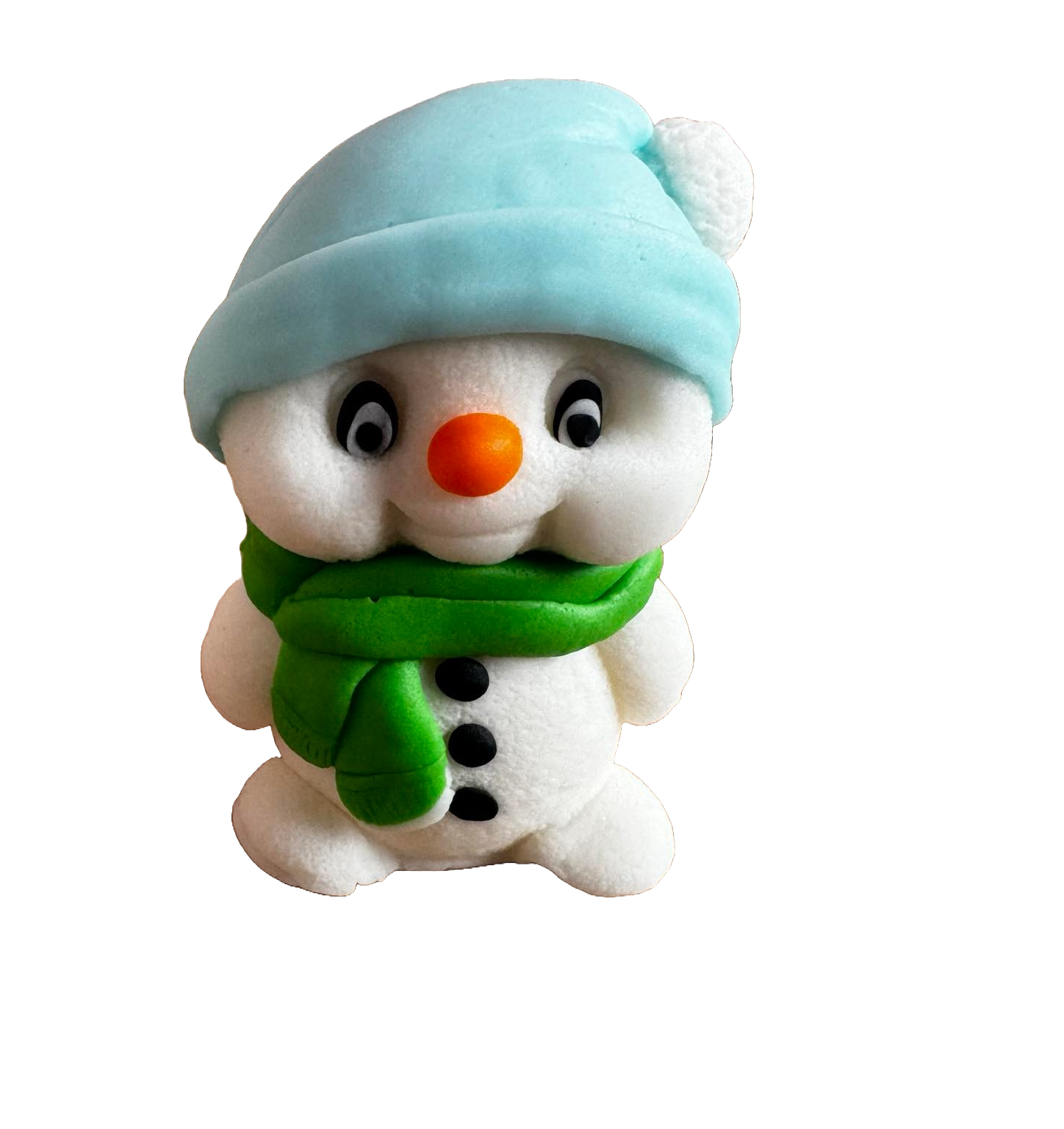 Ätlig dekoration från sugarpaste, snögubbe med grön halsduk och blå mössa Dekorationer från Sugar Paste Naty Shop