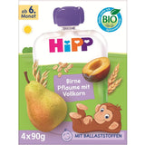 HiPP ekologiska päron- och plommonpåsar, fullkorn, 16 stycken (4 förpackningar om 4 x 90 g vardera), för spädbarn från 6 månader, utan tillsatt socker, vegan, bästa ekologiska kvalitet