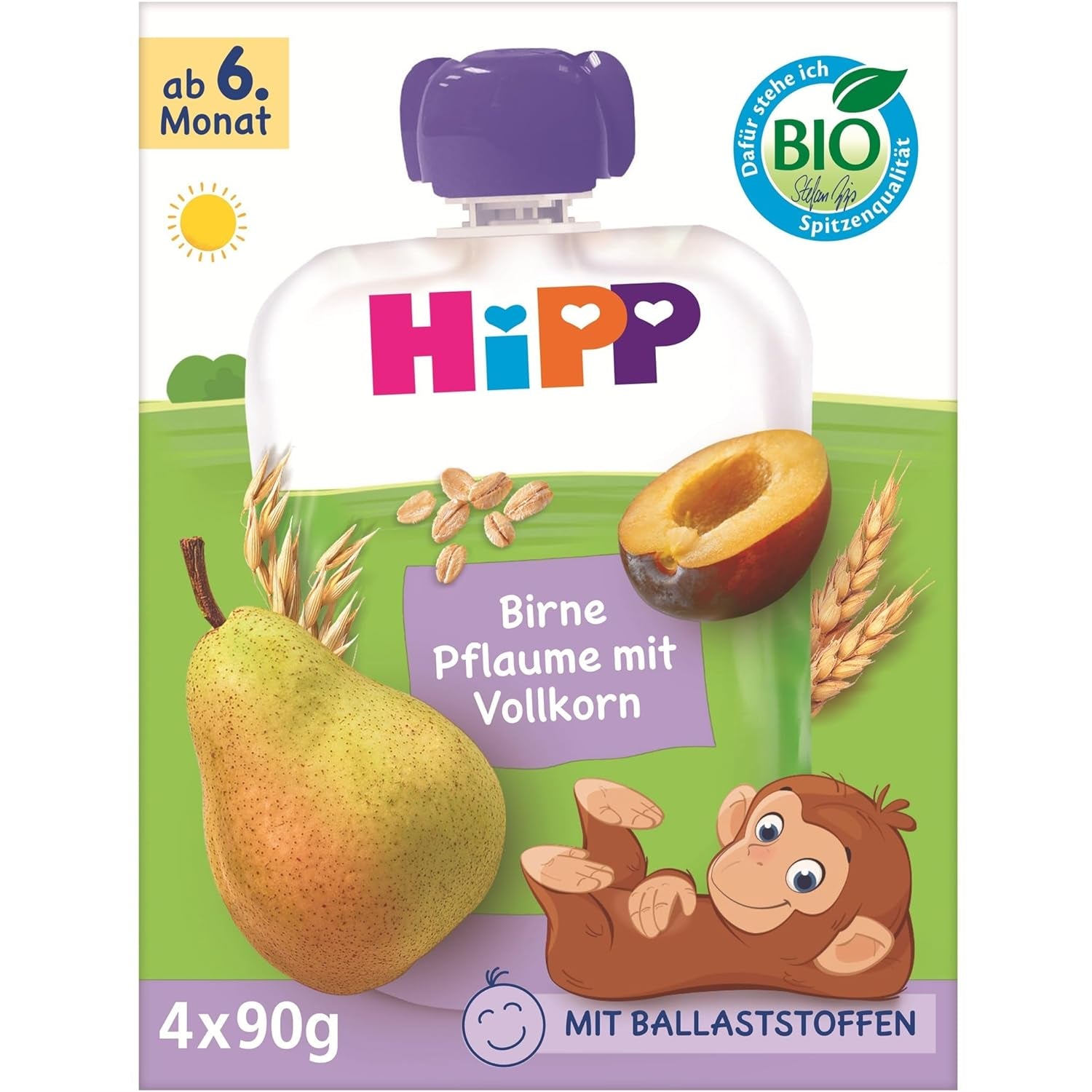 HiPP ekologiska päron- och plommonpåsar, fullkorn, 16 stycken (4 förpackningar om 4 x 90 g vardera), för spädbarn från 6 månader, utan tillsatt socker, vegan, bästa ekologiska kvalitet