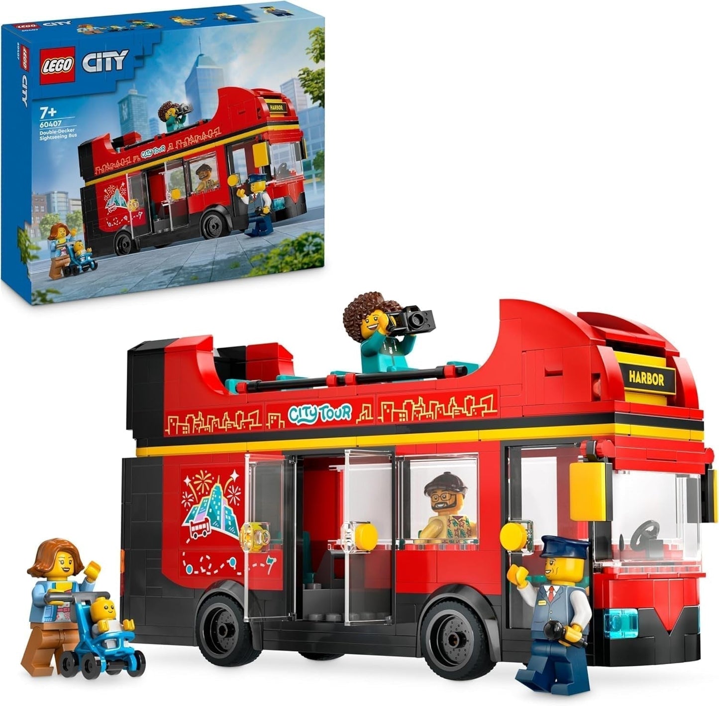 LEGO City dubbeldäckarbuss, dubbeldäckare leksaksbuss, fordonsset för flickor och pojkar från 7 år, innehåller 5 figurer, inklusive en baby i en barnvagn 60407 Byggset Besuche den LEGO-Store Standardtitel