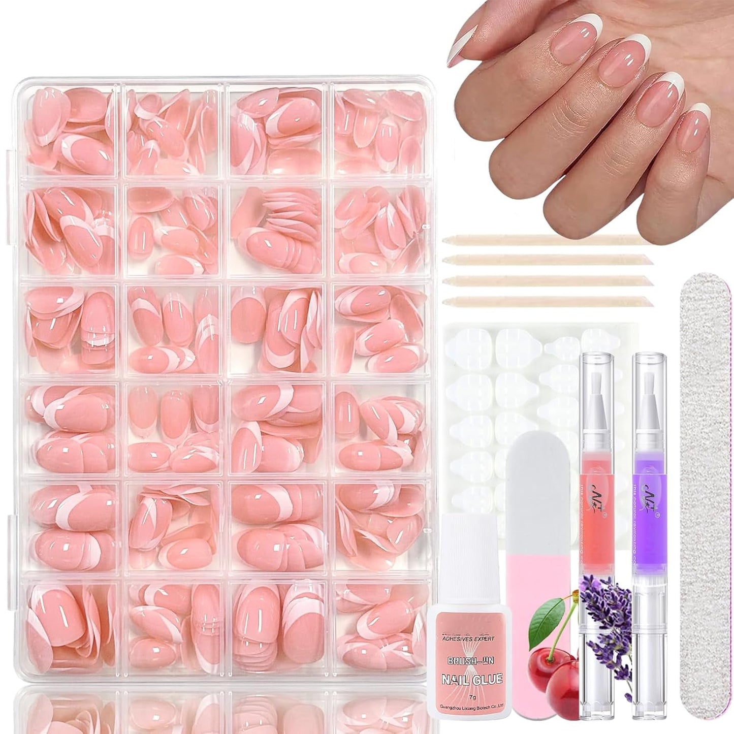 360st Gradient Ballerina False Nails Set, Rosa Vit Gradient Limmade konstgjorda naglar med 2st Nail Oil Pens, Ombre Medium Fake Nails for Women DIY