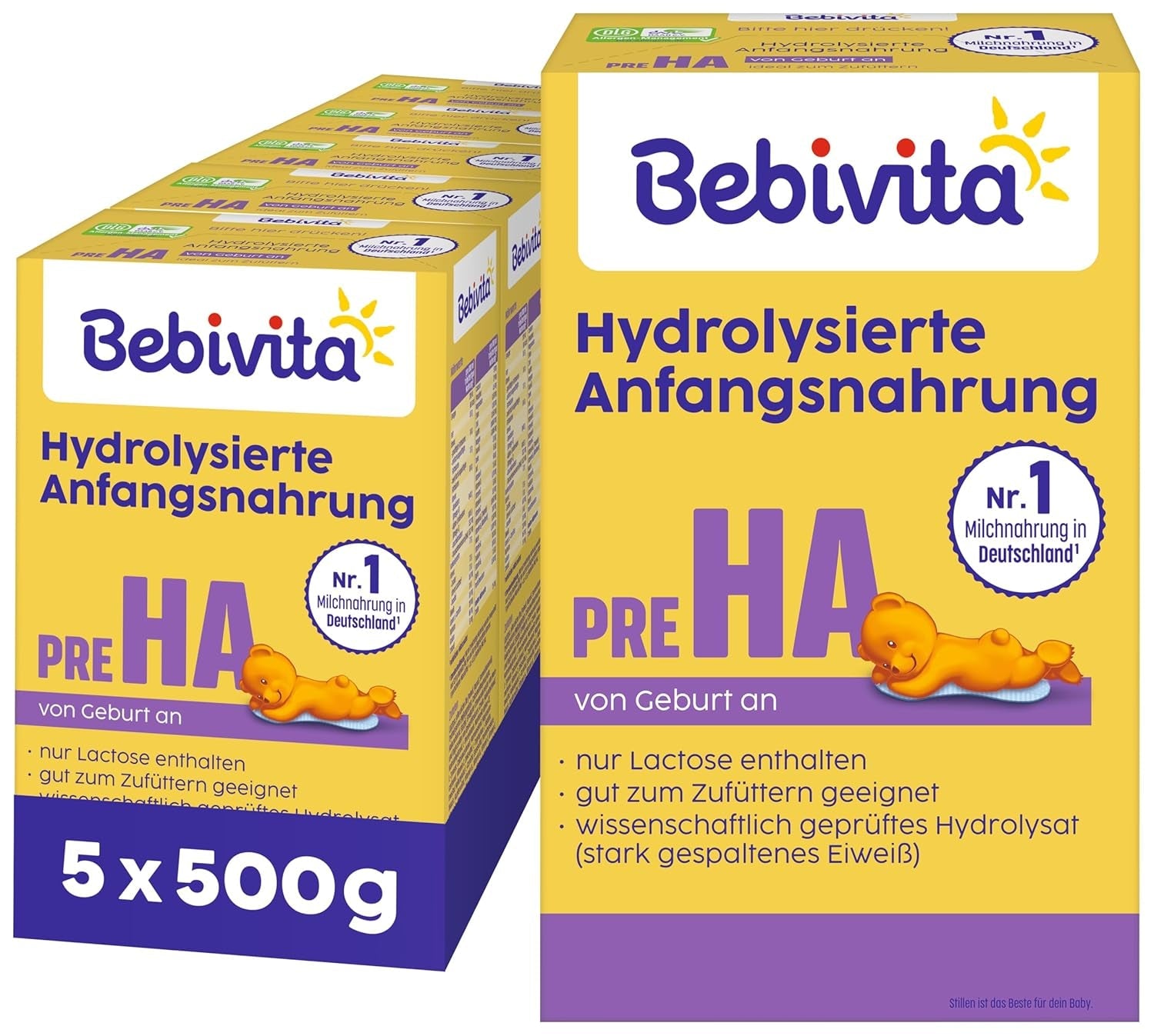 PRE HA (5 x 500g), hydrolyserad mjölkpulverformel från födseln, innehåller endast laktos som kolhydrat, lämplig för kompletterande utfodring