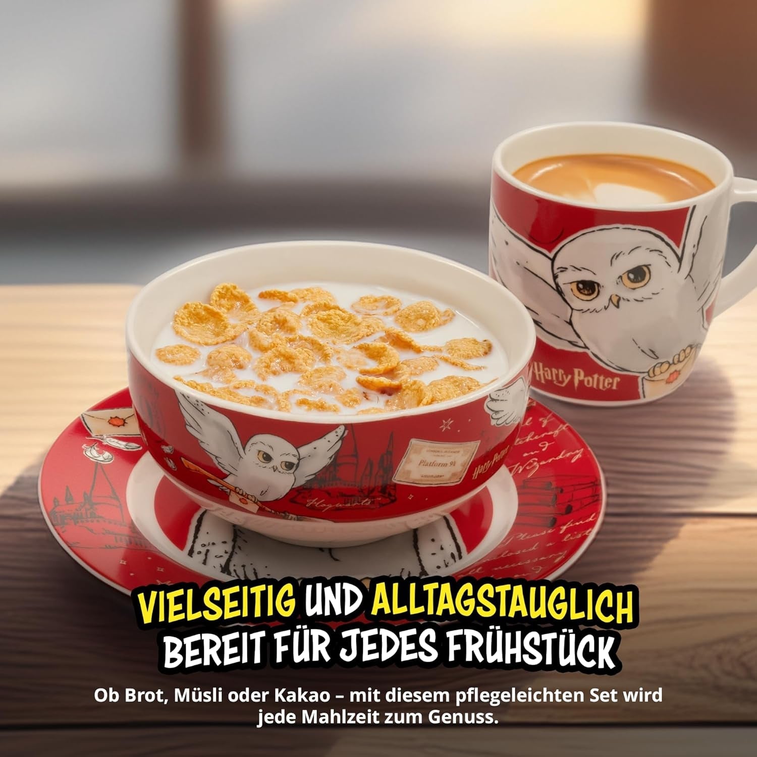 Harry Potter 3-delat servisset, rött, frukostset i porslin med tallrik Ø 19 cm, mugg 220 ml och skål 330 ml, servisset