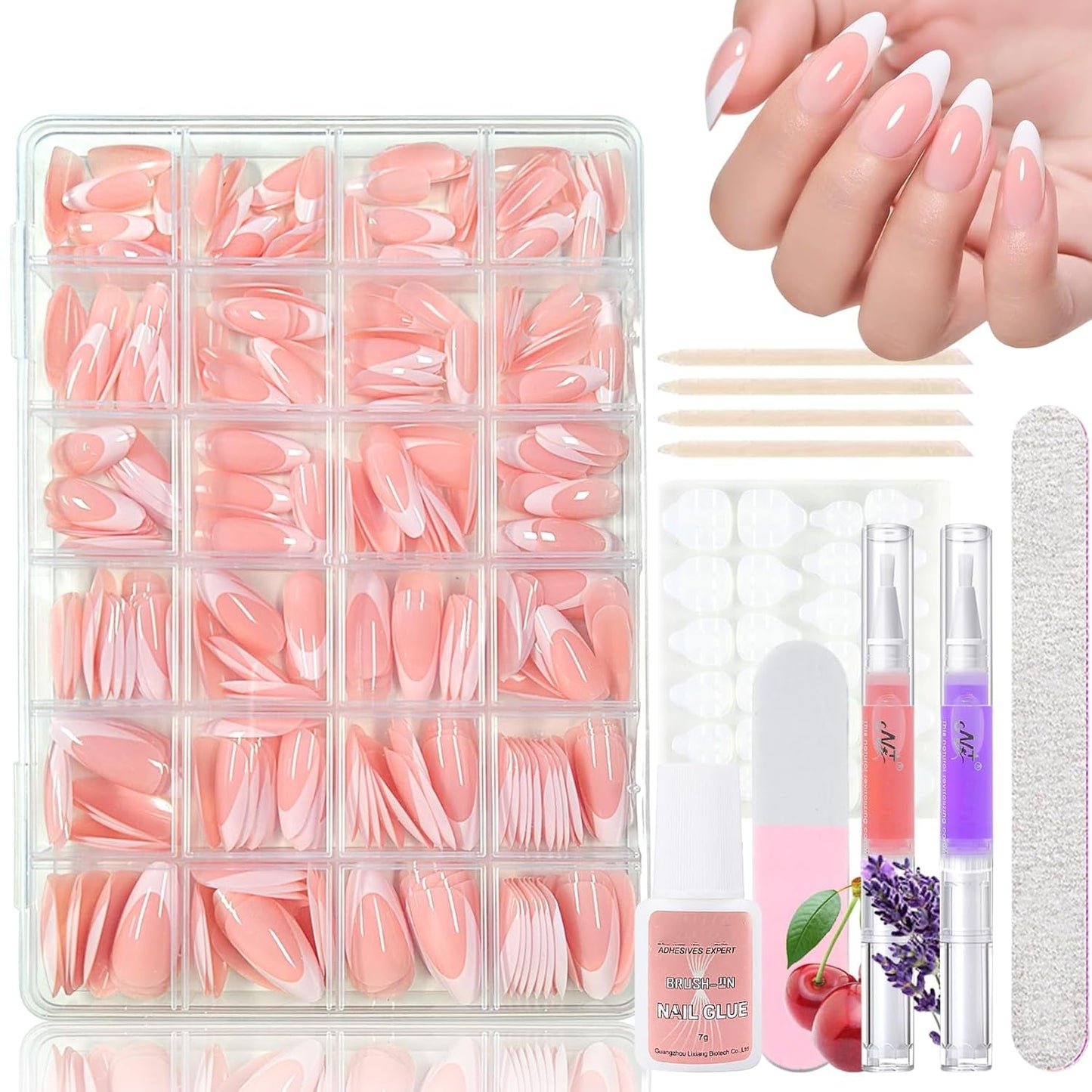 360st Gradient Ballerina False Nails Set, Rosa Vit Gradient Limmade konstgjorda naglar med 2st Nail Oil Pens, Ombre Medium Fake Nails for Women DIY