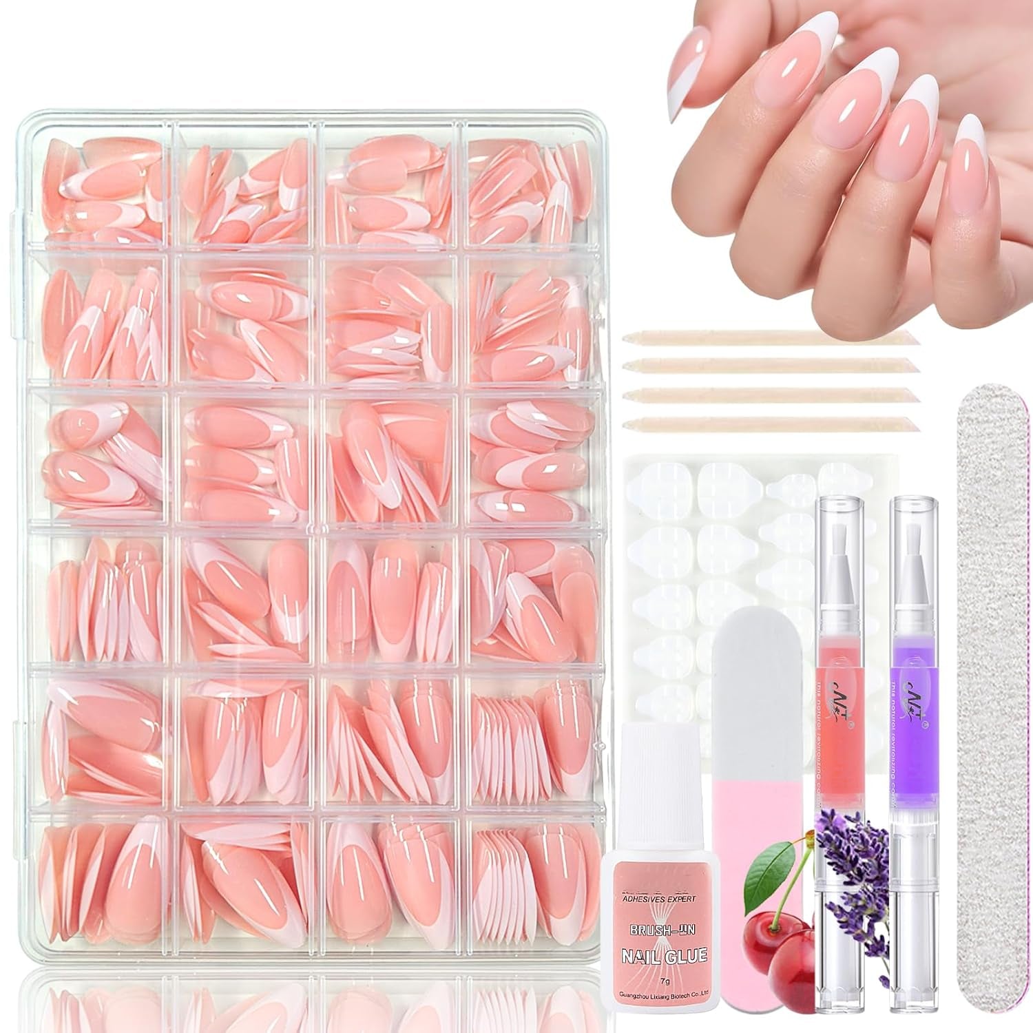 360st Gradient Ballerina False Nails Set, Rosa Vit Gradient Limmade konstgjorda naglar med 2st Nail Oil Pens, Ombre Medium Fake Nails for Women DIY