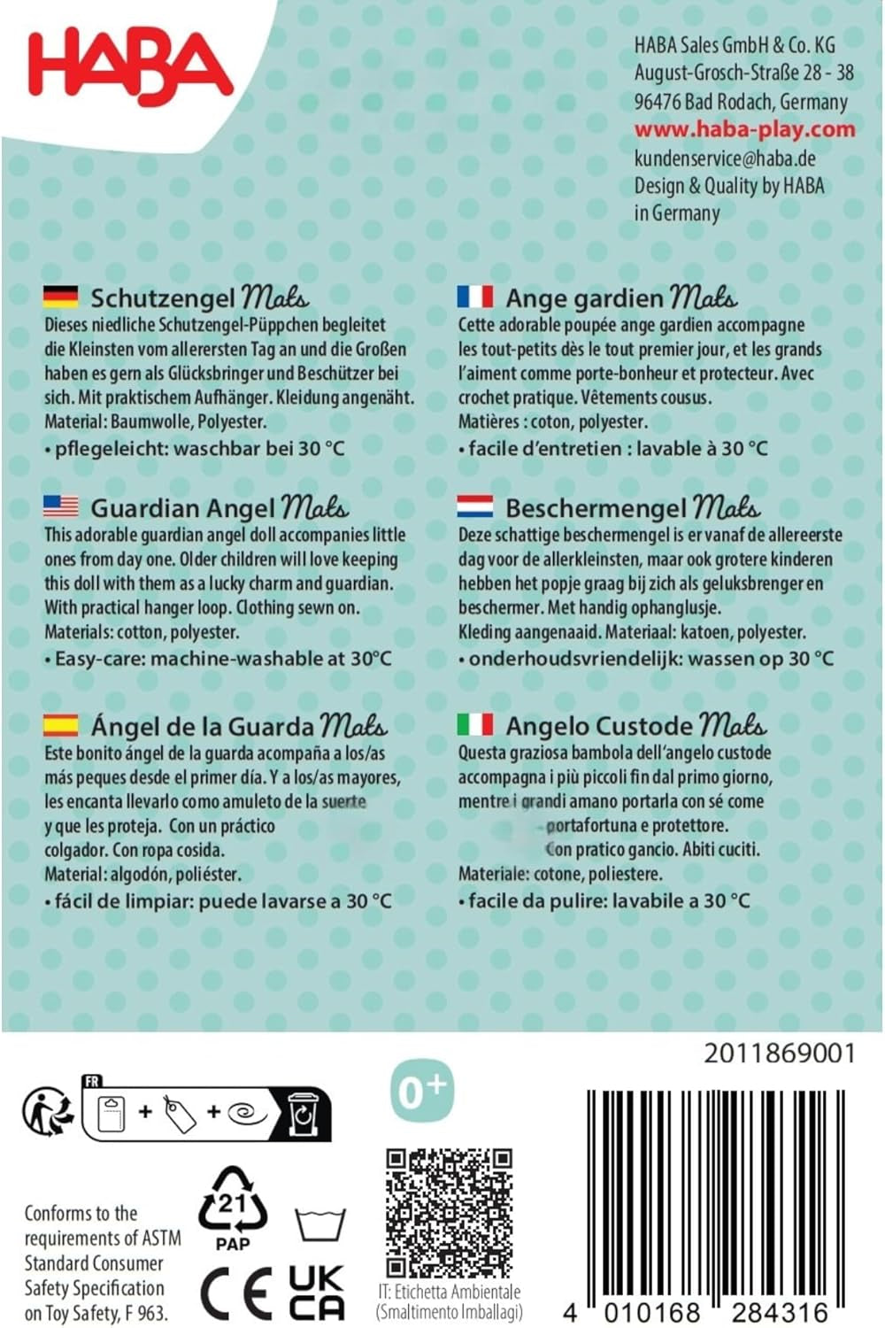 HABA Guardian Angel Mats - Plysch textildocka (15 cm), idealisk välkomstpresent för spädbarn och småbarn - tvättbar i 30°C - 2011869001 Dolls Naty Shop