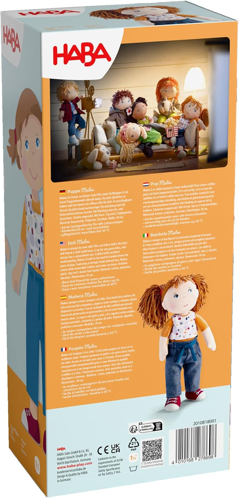 HABA Malou docka - 30 cm hög mjuk docka för att leka och kramas - Mjuka och tvättbara material - Idealiskt alternativ till plyschdockor - Lämplig för barn från 1,5 år - 2010818001