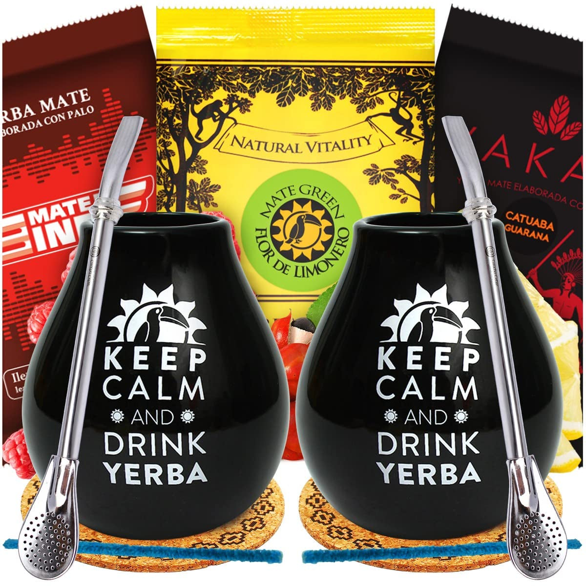 Yerba Mate teset för två 150G | Mate te med guarana och frukt | Lösblad Yerba Mate Tea | Svart matt keramisk kopp 350 ml | Stålhalm Bombilla Liza 19 cm