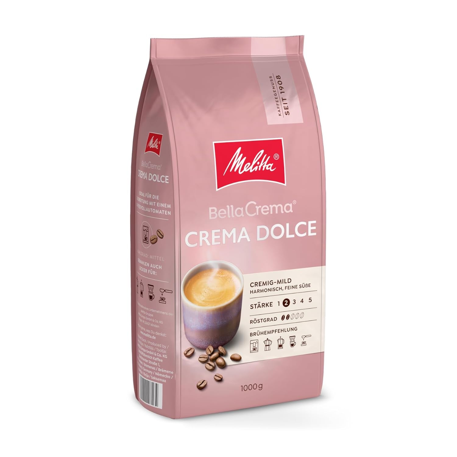 Melitta BellaCrema Crema Dolce kaffebönor 1 kg, omalda, kaffebönor för helautomatiska kaffemaskiner, lätt rostade, rostade i Tyskland, intensitet 2