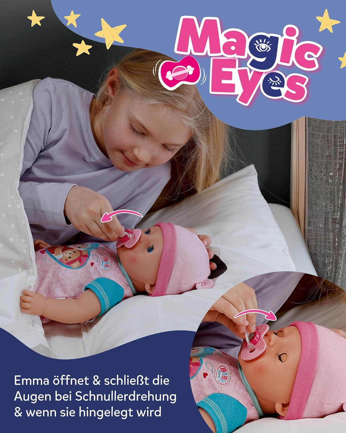 BABY Born Emma - babydocka 43 cm - 10 funktioner inklusive tillbehör och madrass - Fungerar helt utan batterier - Lämplig för barn från 3 år och uppåt