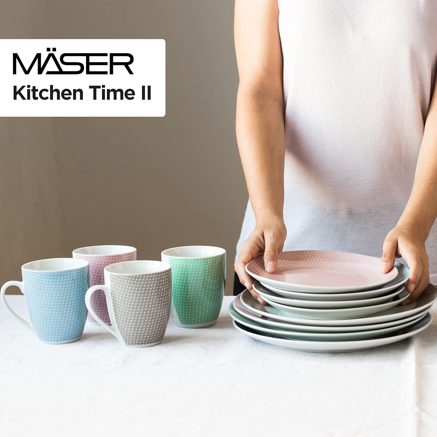MÄSER Kitchen Time II, Servisset för 4, Kombinationsservice med 16 stycken i pastellfärger med subtilt mönster, Porslin, Rosa