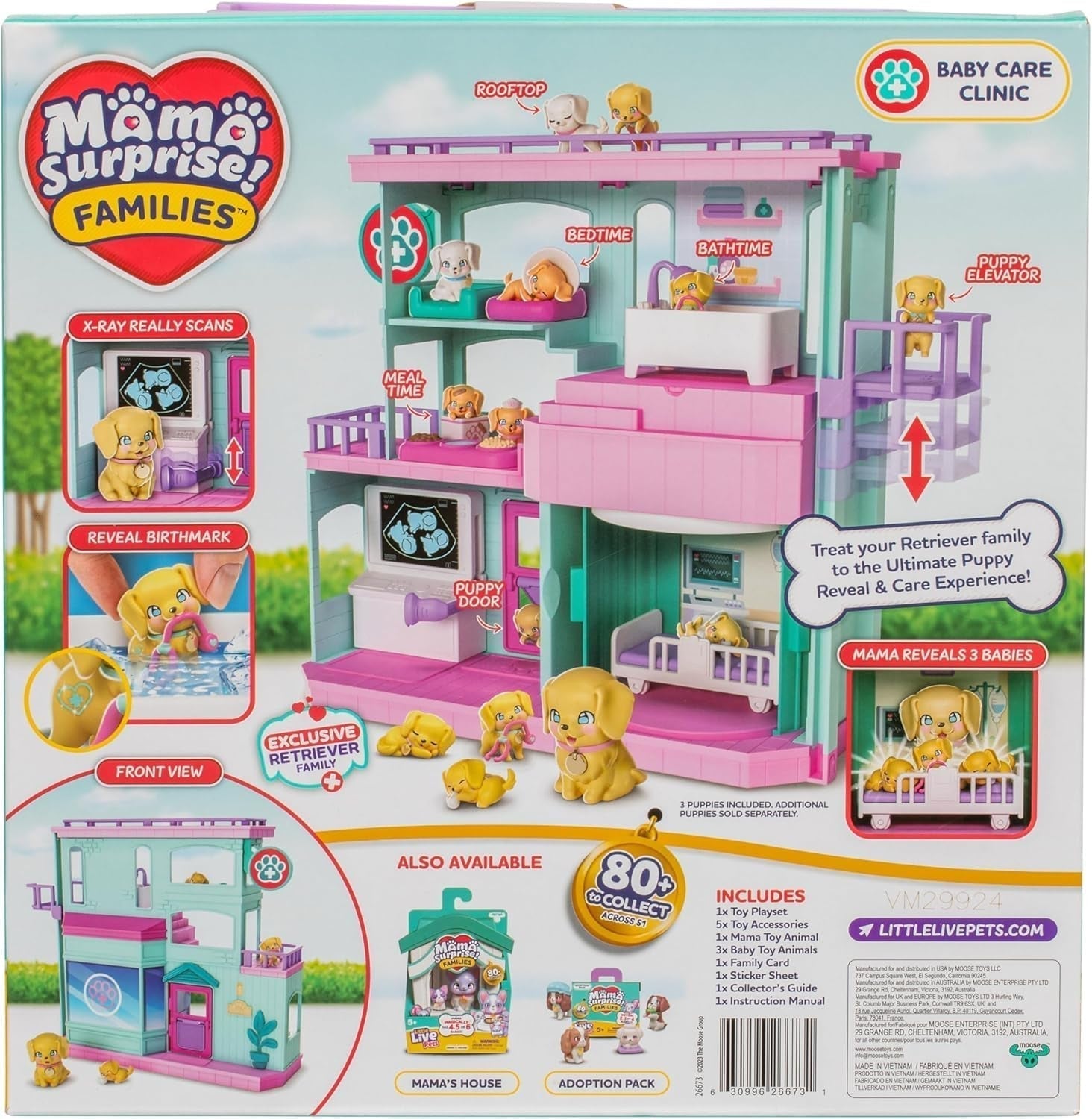 Little Live Pets Mama Surprise Families Baby Clinic lekset, 3 retrievervalpar ingår, Magic, dubbelsidigt lekset (27,8 cm B, 23,8 cm H). Mata, bada och leka, present till barn Actionfigurer Naty Shop