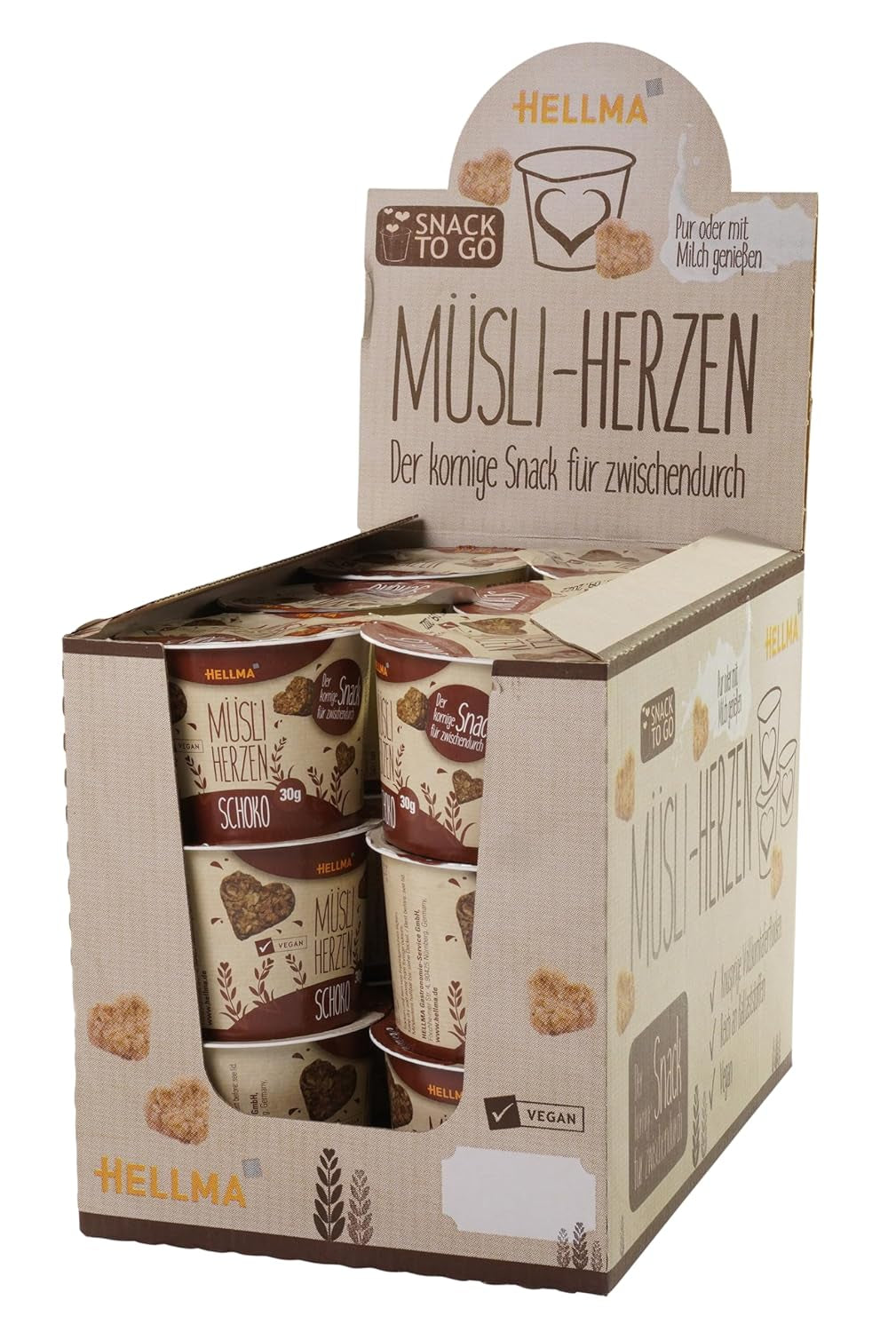 HELLMA hjärtan med müsli och choklad - 18 portioner, 30 g vardera - Havregrynsgröt täckt med choklad i form av ett hjärta, takeaway-koppar