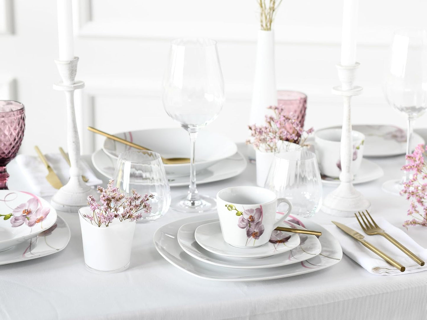 CreaTable, 24024, Square Orchid Series, 18-delat servisset för 6, porslinskaffe, diskmaskin och mikrovågssäker, kvalitetstillverkning