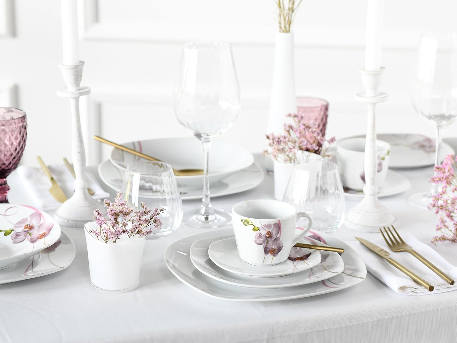 CreaTable, 24024, Square Orchid Series, 18-delat servisset för 6, porslinskaffe, diskmaskin och mikrovågssäker, kvalitetstillverkning