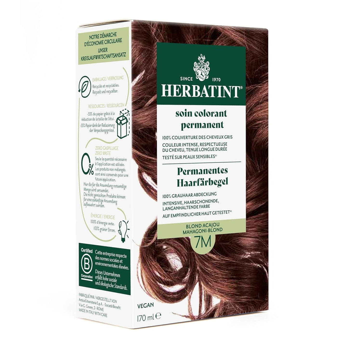 Permanent hårfärgningsgel 6N mörkblond - 170 ml I Ammoniakfri, 100 % täckning av grått hår I Testad på känslig hud, med 8 växtextrakt Hårfärgningsmedel Naty Shop 7M Mahognyblond