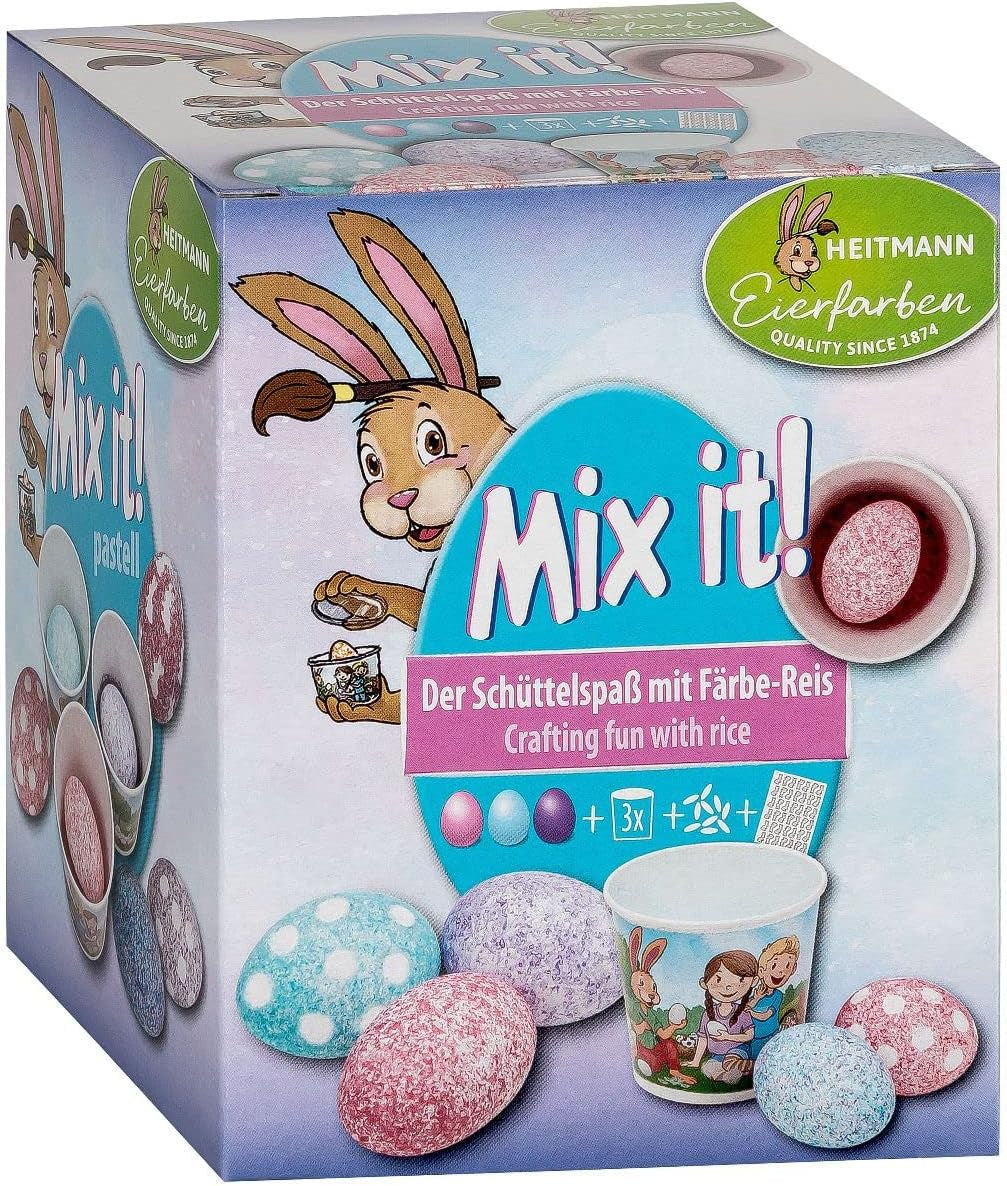 Heitmann Egg Dyes - Mix It Pastel - 3 flytande äggfärger i rosa, turkos och lila, kopp, ris, schabloner och handskar - Easy Egg Dyeing