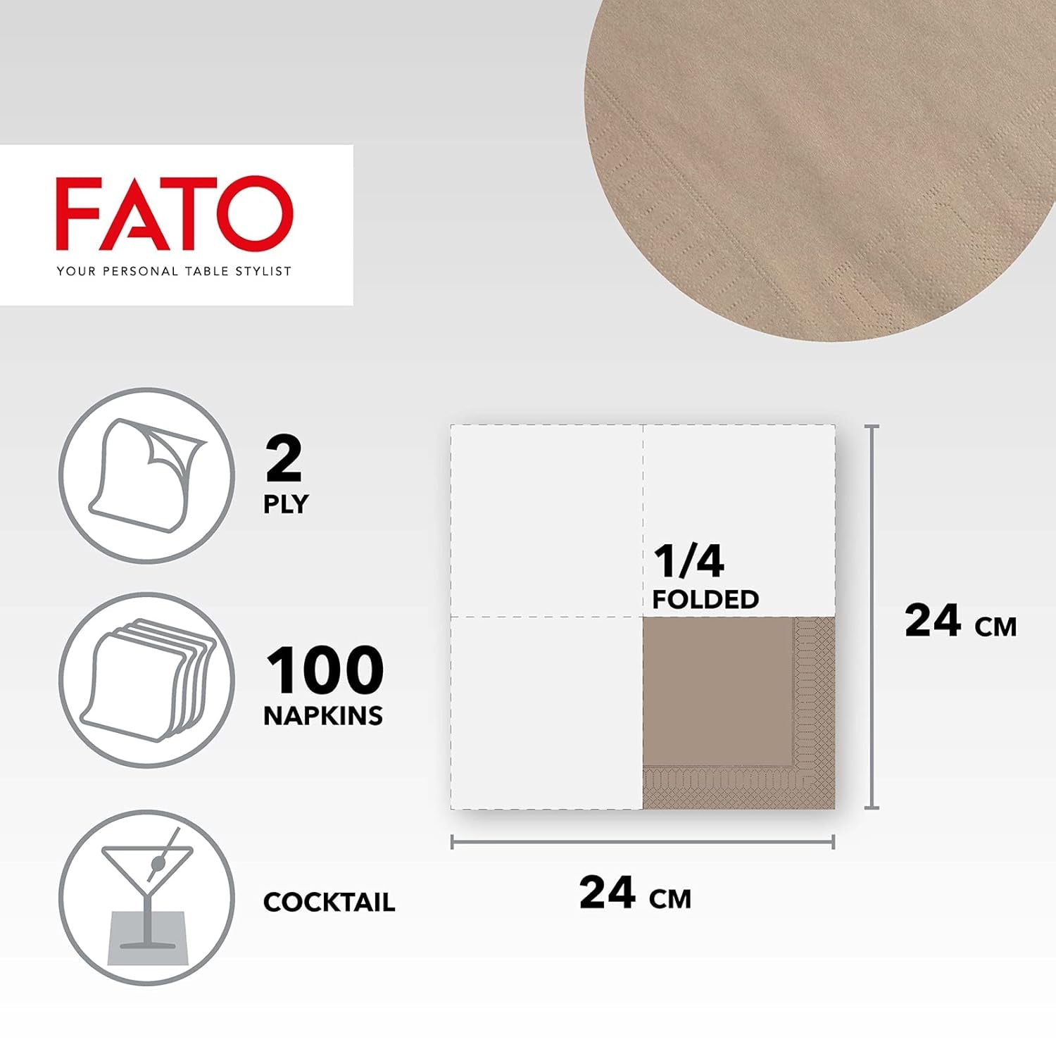 , Engångspappersservetter, Idealisk för aptitretare och cocktails, Paket med 100 servetter, Storlek 24X24 vikta i 4, 2 lager, Color Turtledove, 100 % rent cellulosapapper, Fsc-certifierat