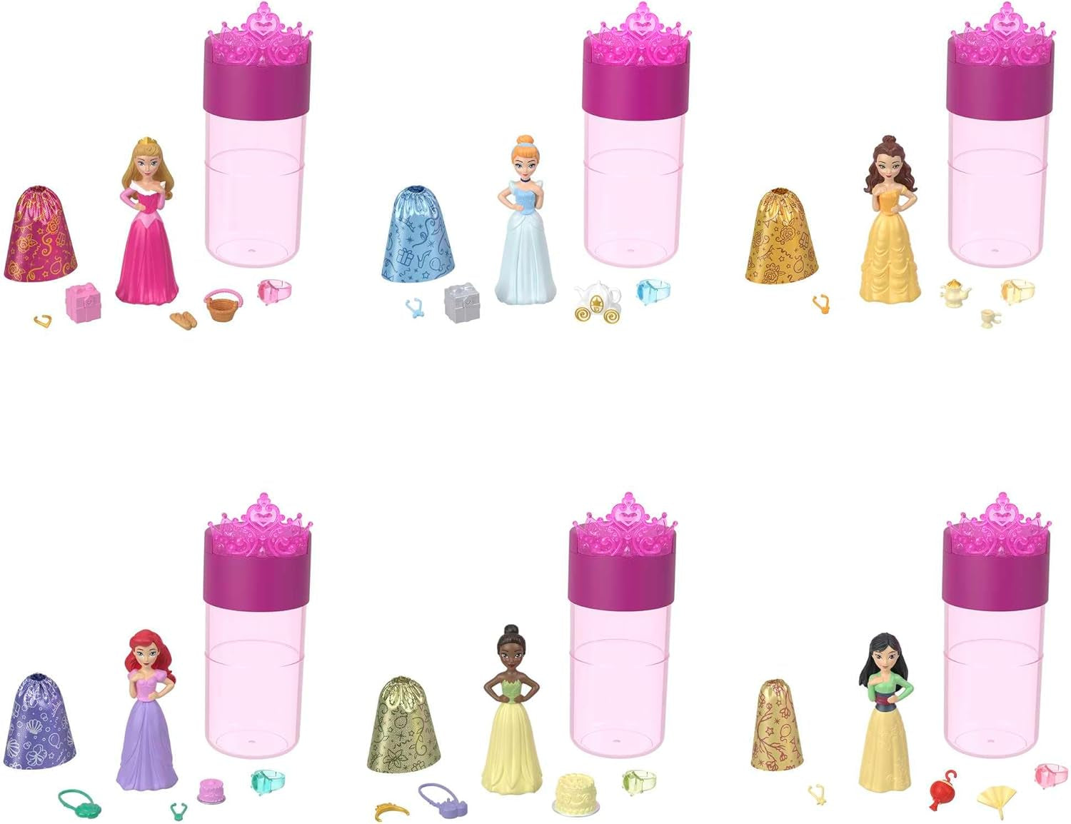 Disney Princess Color Reveal - 6 överraskningsvattenaktiverade dockor, tillbehör, för barn från 3+, Ariel, Tiana, Mulan, Askungen, Belle, Aurora, HPX39