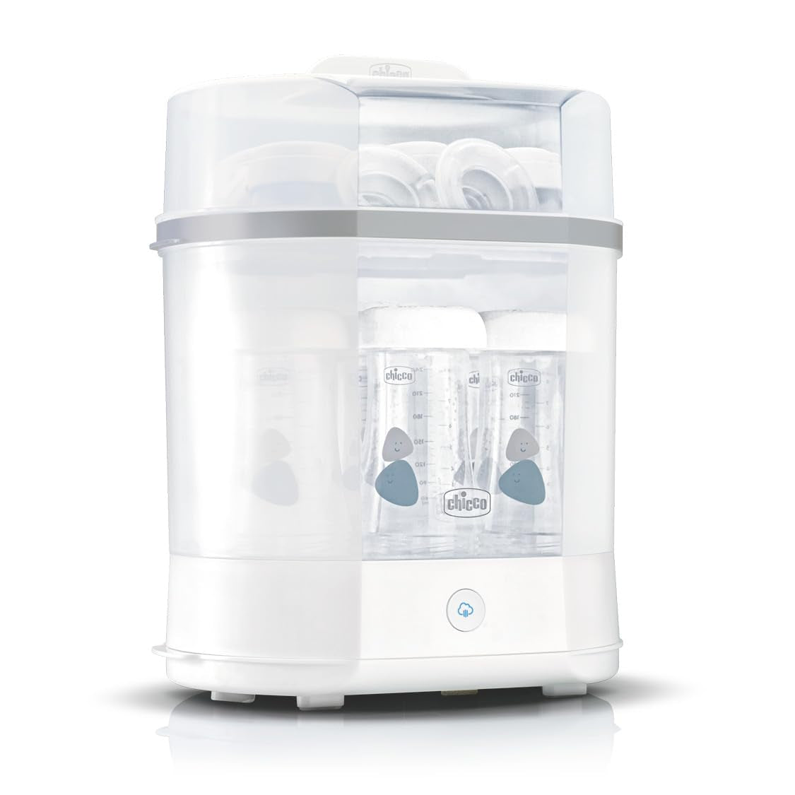 Chicco modulär sterilisator med torkfunktion, nappflasksterilisator, tandring och napp med autostopp, mikrovågssäker, lämplig för sterilisering av upp till 6 flaskor på 330 ml