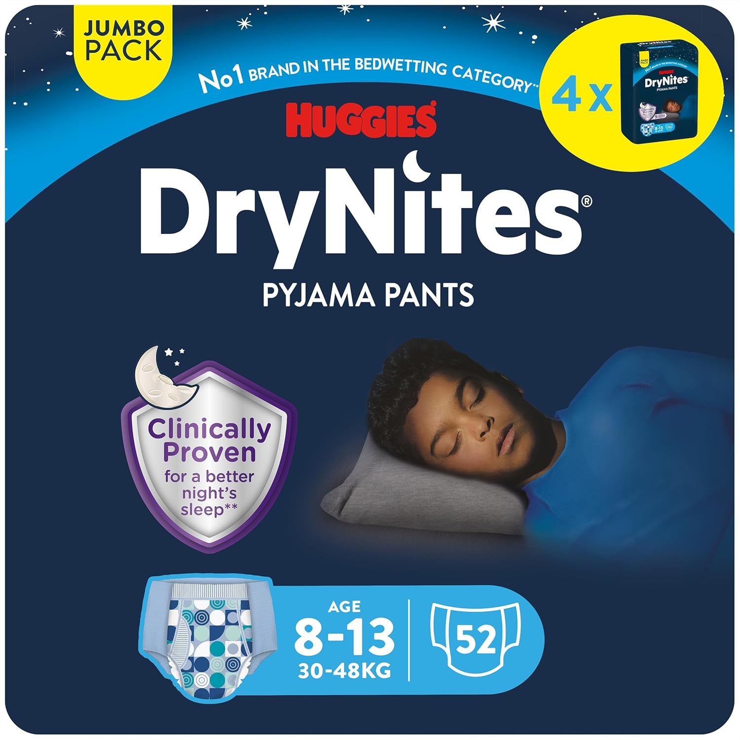 Huggies DryNites Superabsorberande nattblöjor för pojkar 8-13 år (30-48 kg) 27 Count (3 x 9 Count) Trosblöjor