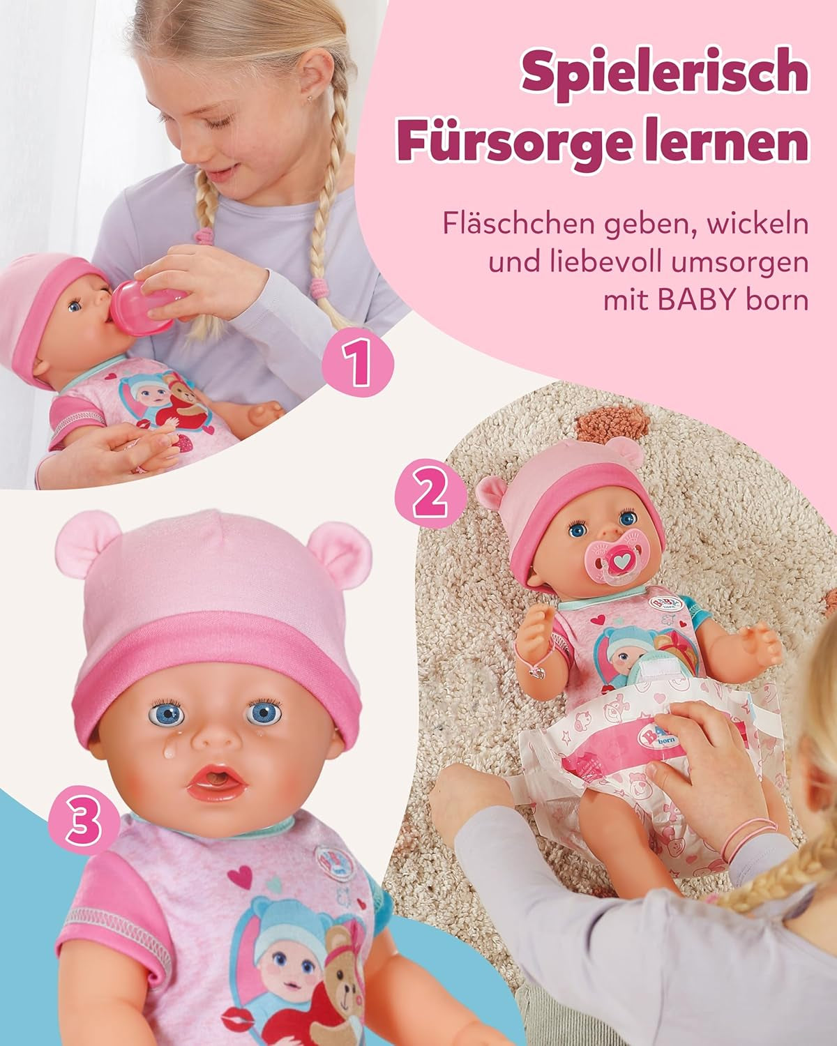BABY Born Emma - babydocka 43 cm - 10 funktioner inklusive tillbehör och madrass - Fungerar helt utan batterier - Lämplig för barn från 3 år och uppåt