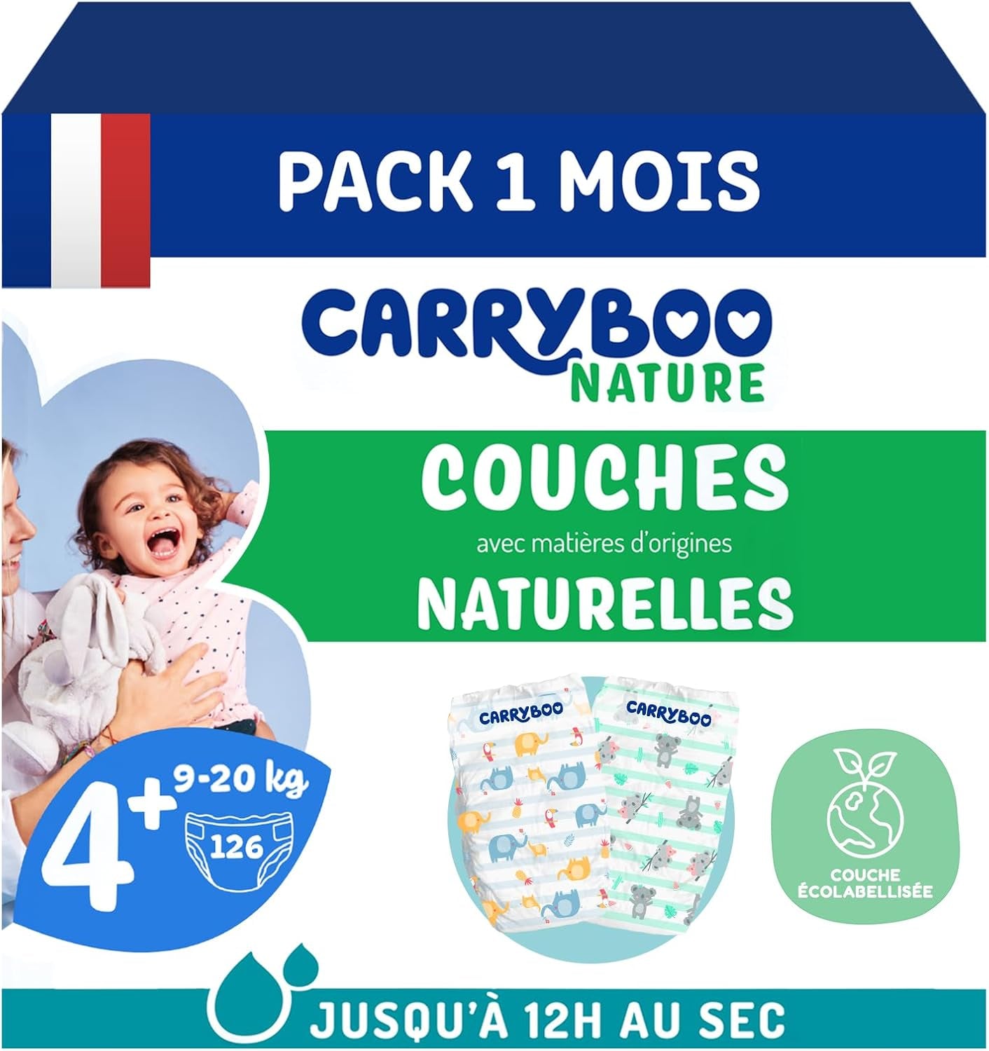 - Blöja storlek 4+ 9-20 kg – Ökologische Babywaidern – natürliche Babypflege, hypoallergen, ohne Parfüm und auslaufsicher – hermestellung in Frankreich – 126 engångsblöjor – 1 månad