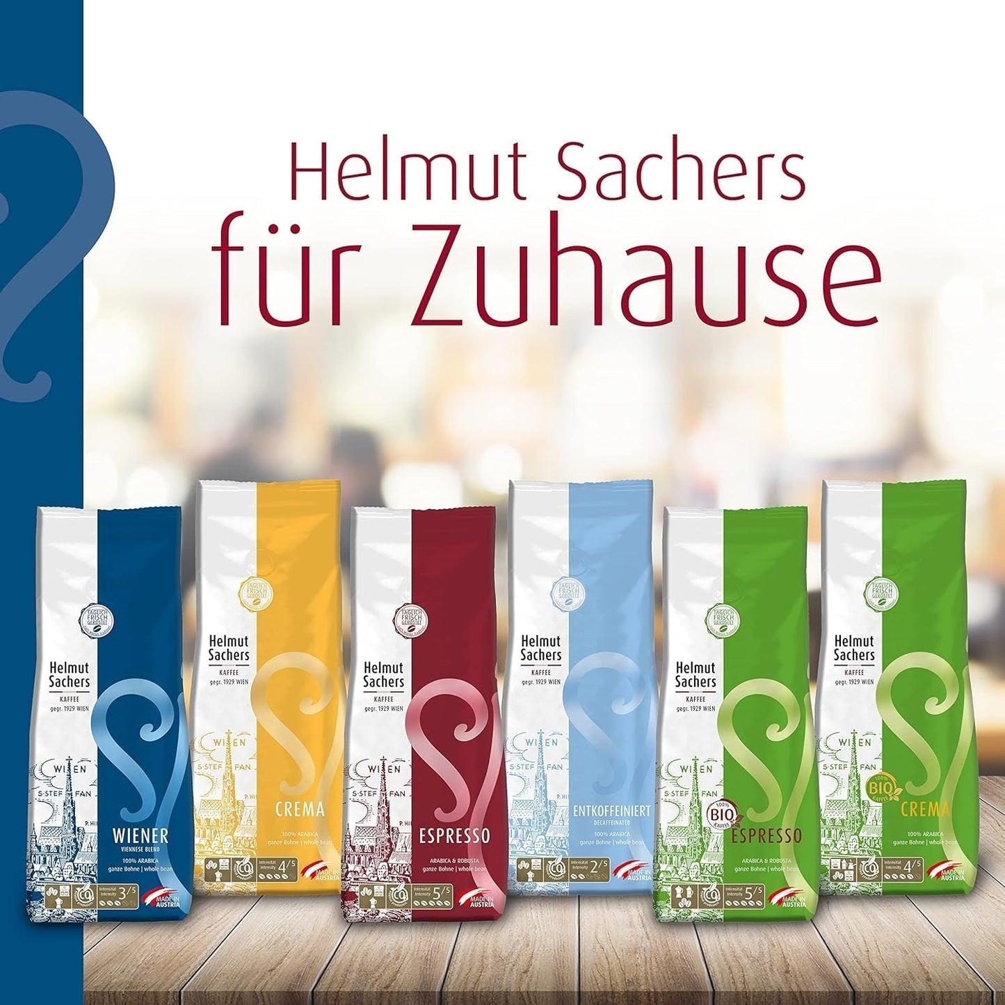 Helmut Sachers Kaffee - Wienerblandning, styrka 3/5, 100 % Arabica, hela kaffebönor, 6 x 500 g Naty Shop