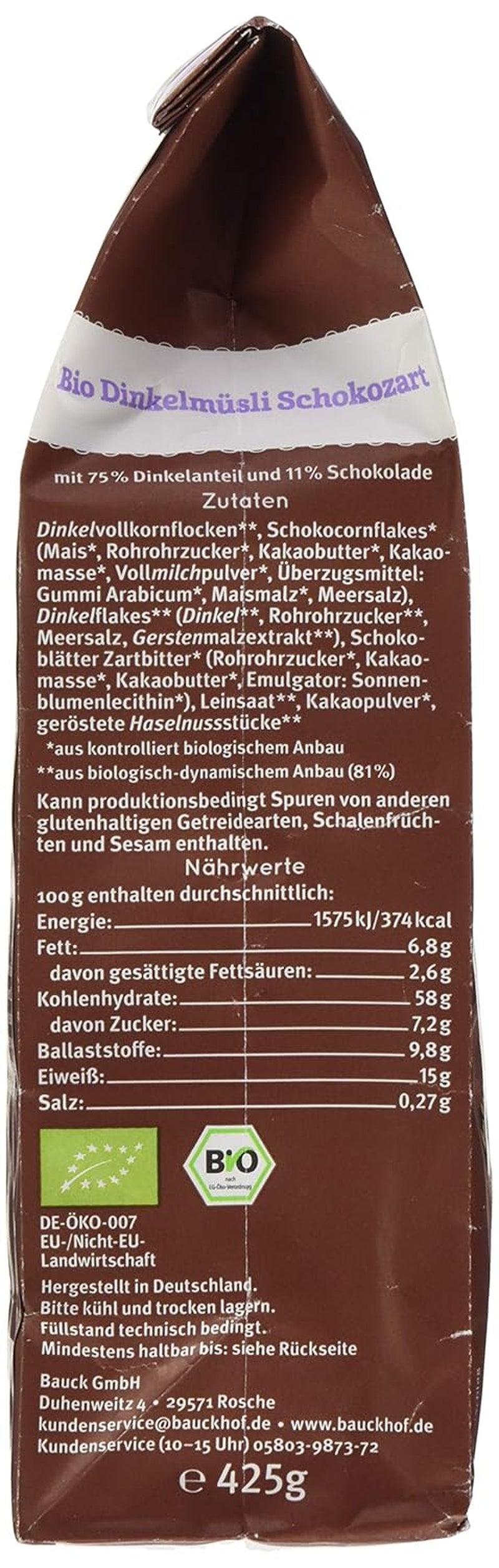 Bauck HOF Dinkelmüsli Schokozart, 425G (1Er Pack) Spannmål Naty Shop