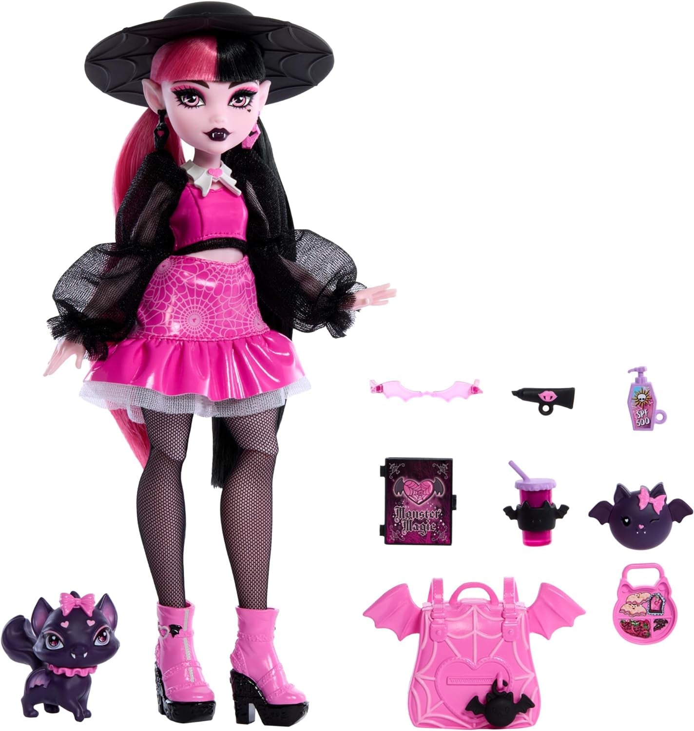 Monster High Draculaura-docka med sitt husdjur, fladdermuskatten, Count Fabulous och tillbehör som en ryggsäck, en trollformelbok, en bento-box och mer, HRP64