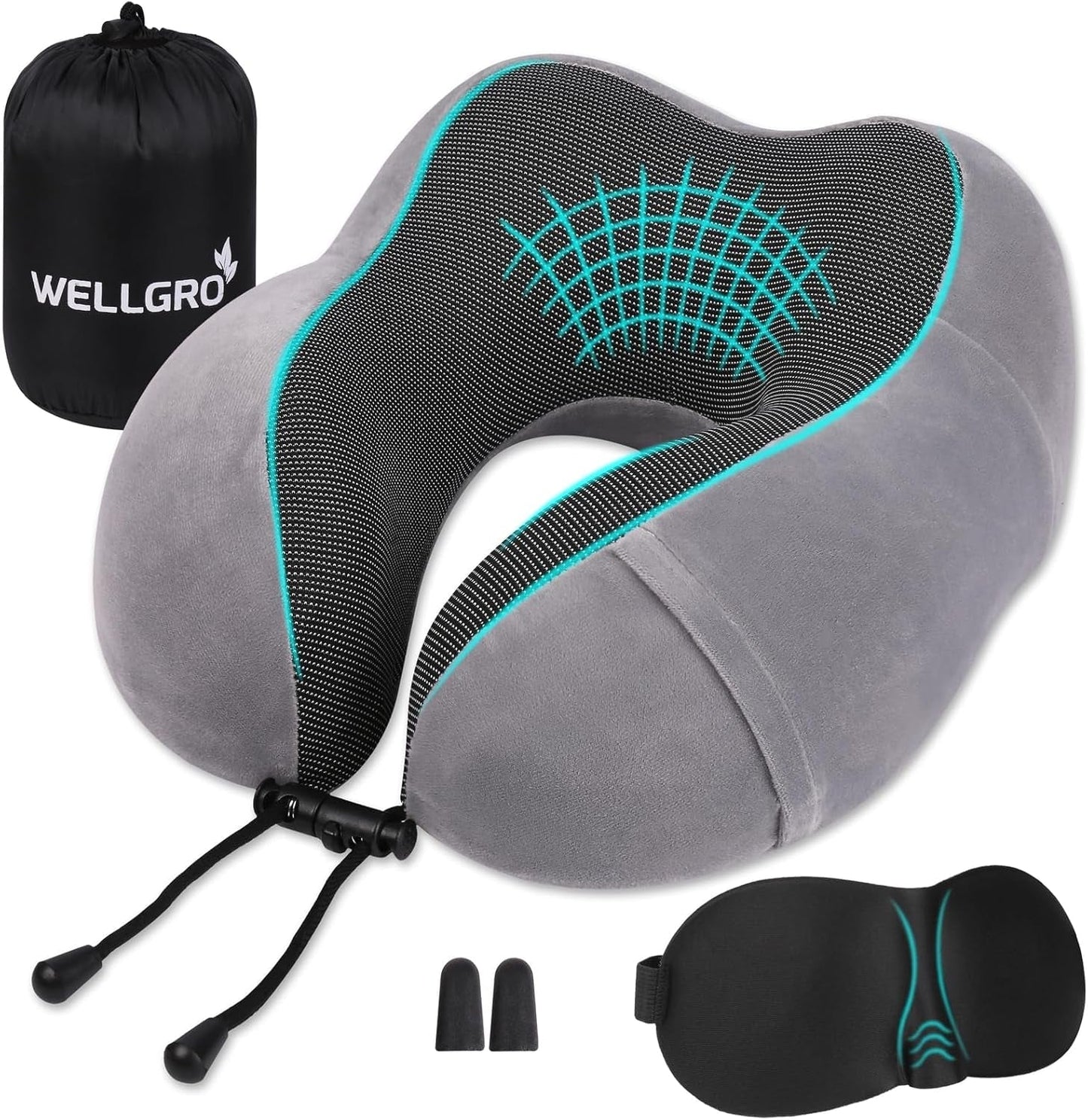 WELLGRO nackkuddsset med 3D-sömnmask och öronproppar - Avtagbart skydd - Memory Foam - Dragkedja - Inklusive förvaringsväska - Resekudde - Valbar färg, Färg: Grå Cervikala ortopediska kuddar Naty Shop