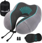 WELLGRO nackkuddsset med 3D-sömnmask och öronproppar - Avtagbart skydd - Memory Foam - Dragkedja - Inklusive förvaringsväska - Resekudde - Valbar färg, Färg: Grå Cervikala ortopediska kuddar Naty Shop