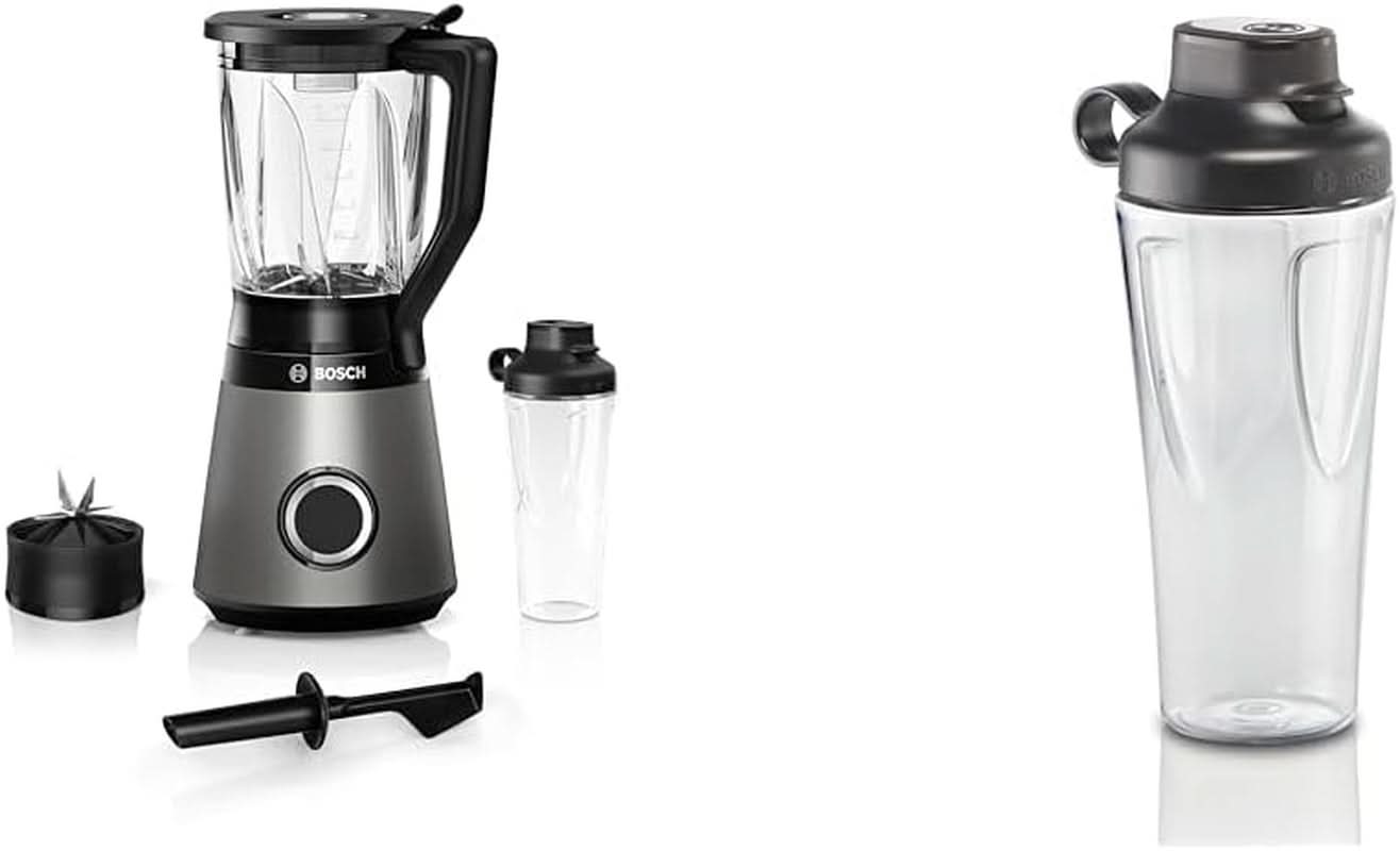 Bosch Standmixer Vitapower Serie 4 MMB6174SN, Verbesserte Version, Hochwertige Edelstahl-Klingen, 1,5L Glasbehälter, 0,6L To-Go-Flasche, Spülmaschinenfeste Teile, 30 000 U/Min, 1200 W, Silber Bundle Mi6 L Flasche, - 0 Mit 10 Jahre Motorgarantie