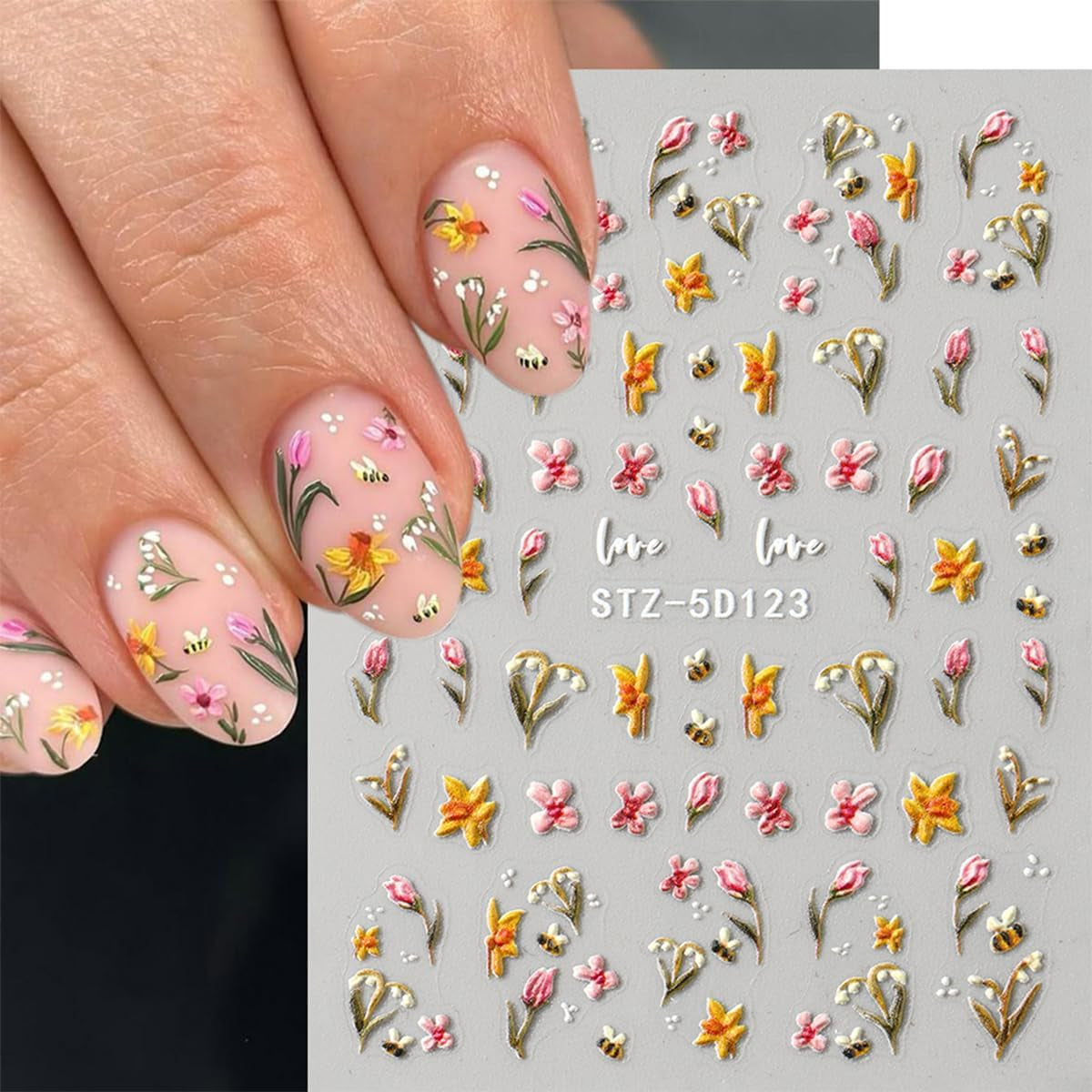 JMEOWIO 3D Nagelsticker Blumen Frucht Nail Art Sticker Selbstklebend Nagelaufkleber 5D Stereoskopisk Dekoration Nageldesign Zubehör 4 Blatt