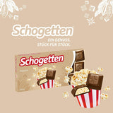 Schogetten popcorn 1 chokladkaka x 100g, mjölkchoklad med popcorn och majsbitar, praktiska enskilda bitar. En delikatess. Bit för bit.