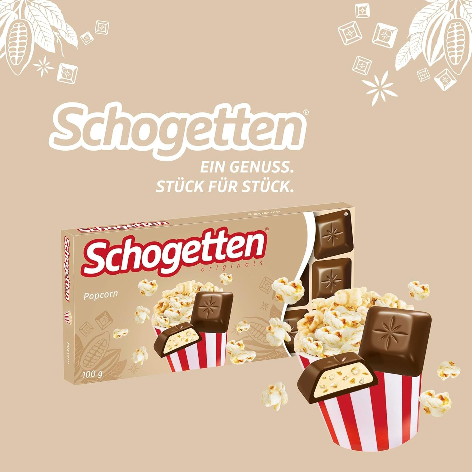 Schogetten popcorn 1 chokladkaka x 100g, mjölkchoklad med popcorn och majsbitar, praktiska enskilda bitar. En delikatess. Bit för bit.